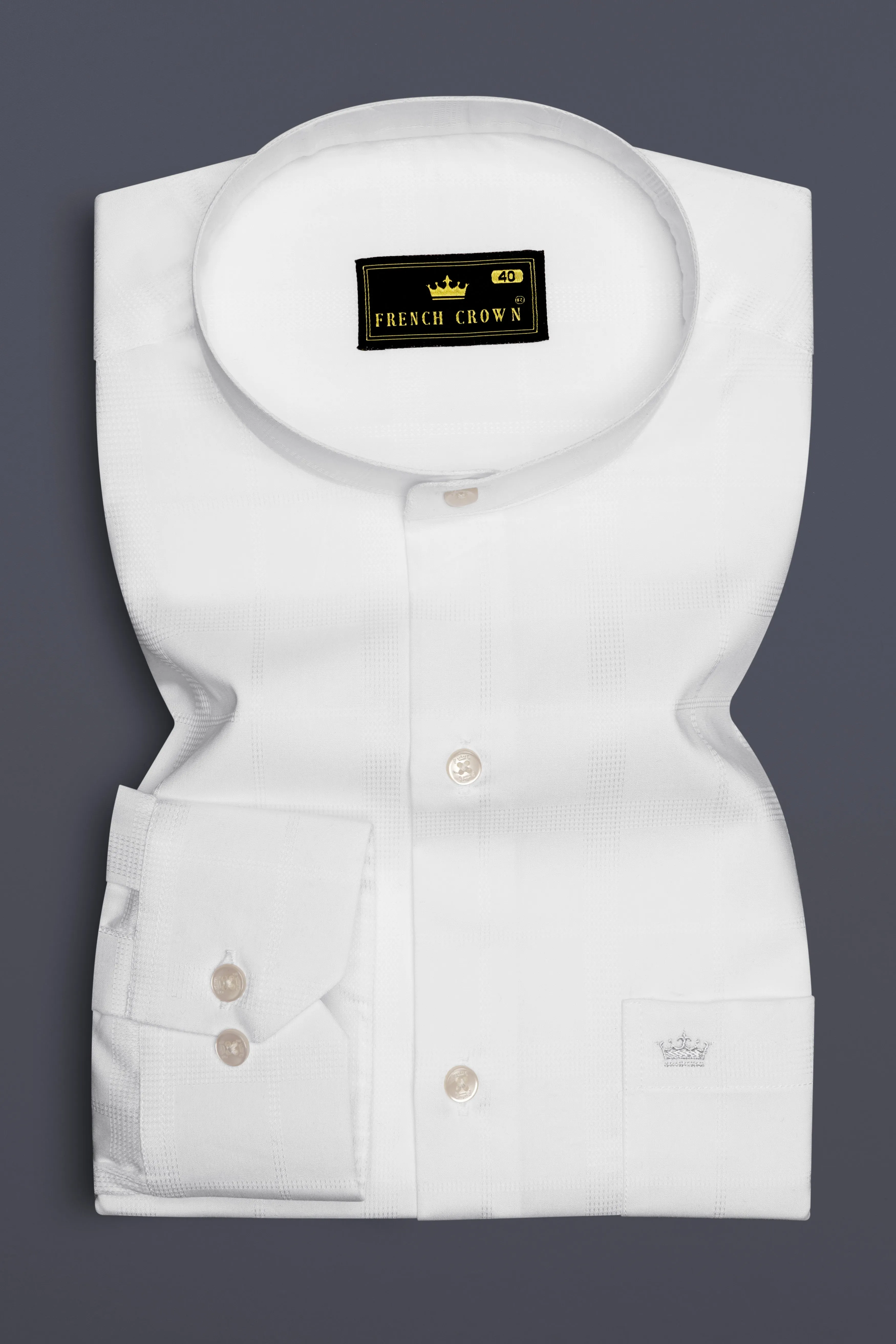 Ivovira-Bright White Dobby Textured Premium Giza Cotton Semi Formal Mandarin Shirt sold by French Crown product image thumbnail 4