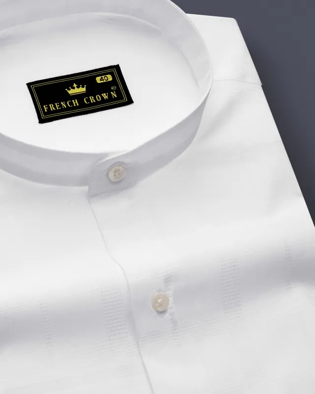 Ivovira-Bright White Dobby Textured Premium Giza Cotton Semi Formal Mandarin Shirt made by French Crown