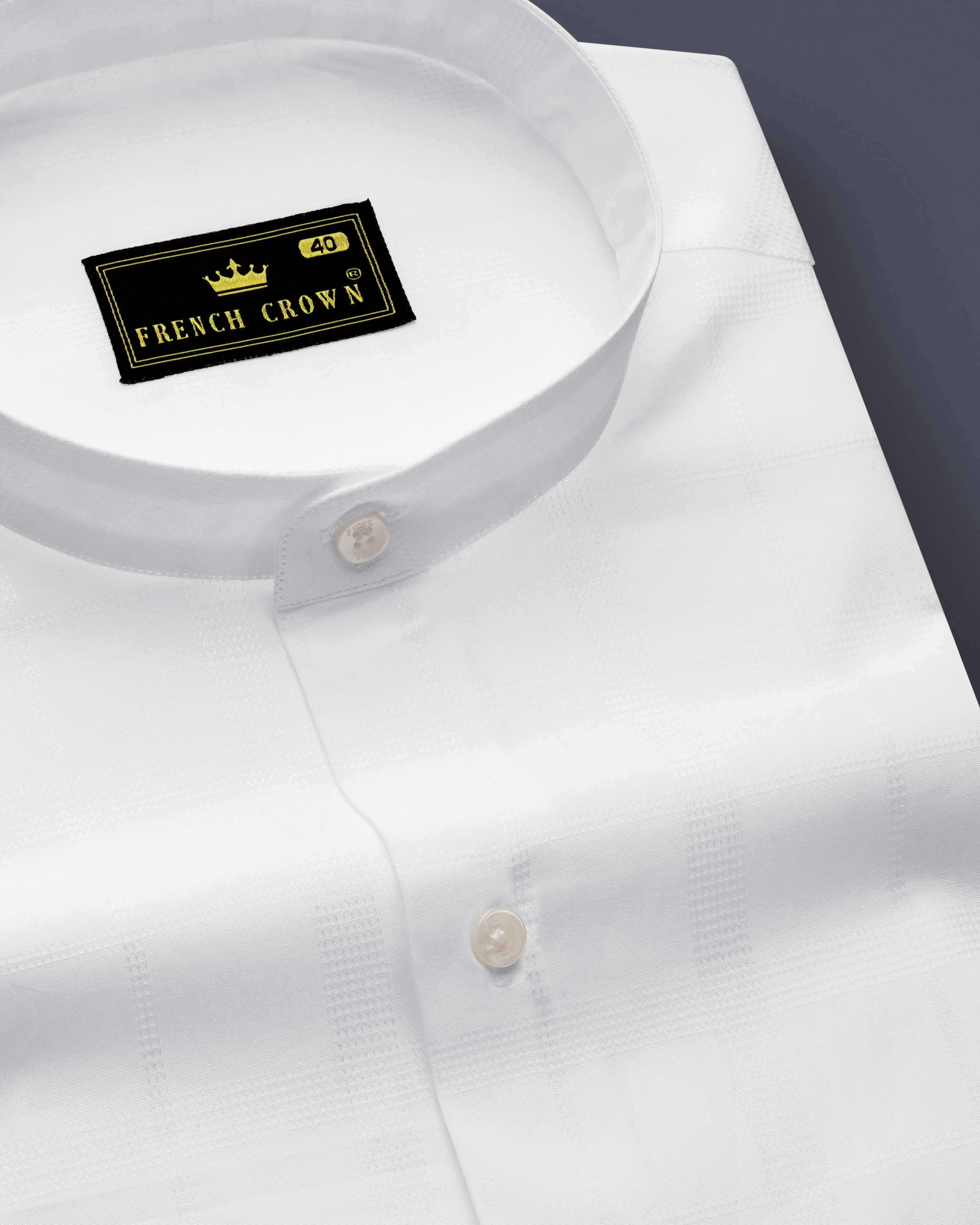 Ivovira-Bright White Dobby Textured Premium Giza Cotton Semi Formal Mandarin Shirt sold by French Crown