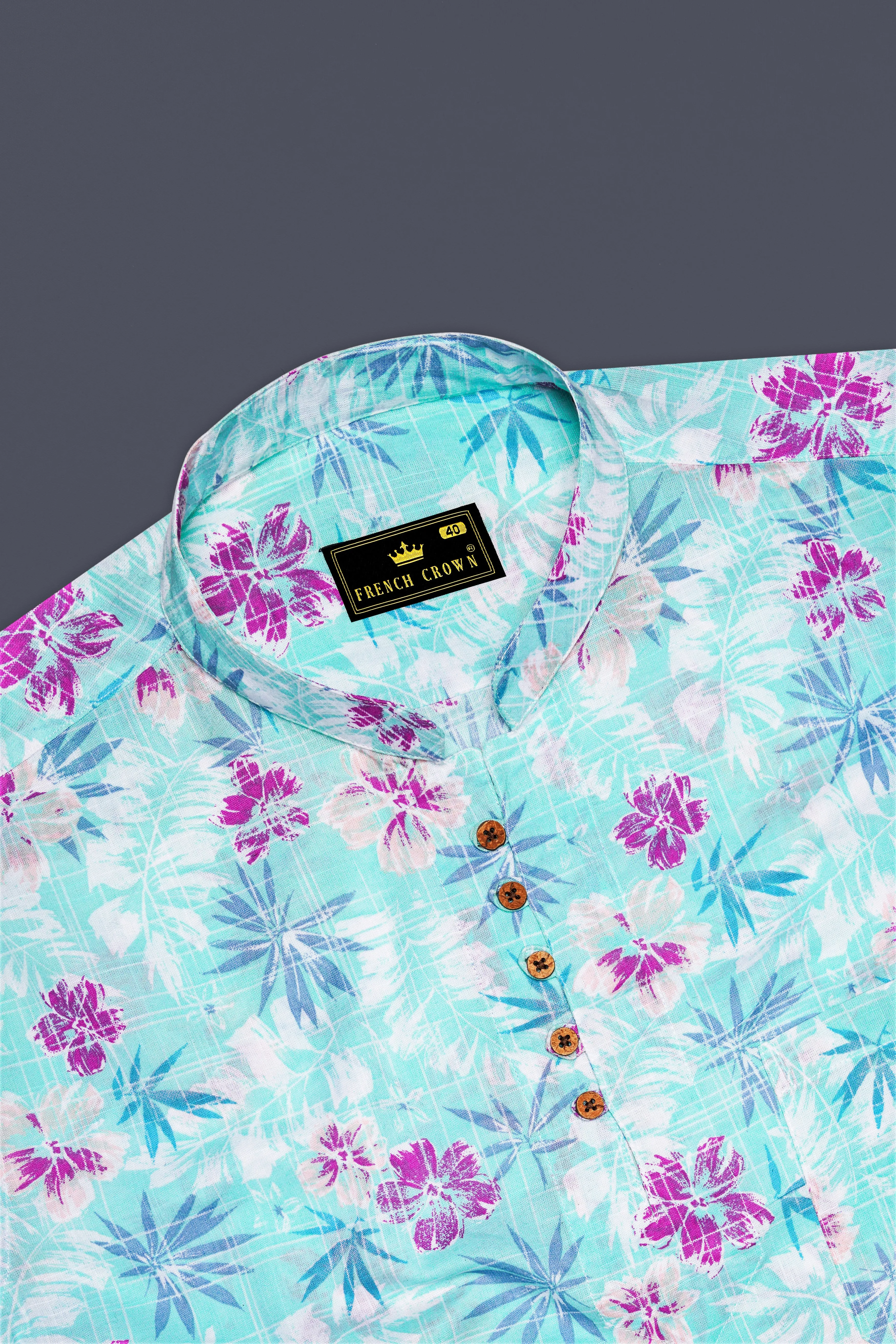 Tropivell-Tiffany Blue And Plum Pink Tropical Breeze Printed Luxurious Linen Casual Shirt sold by French Crown product image thumbnail 5