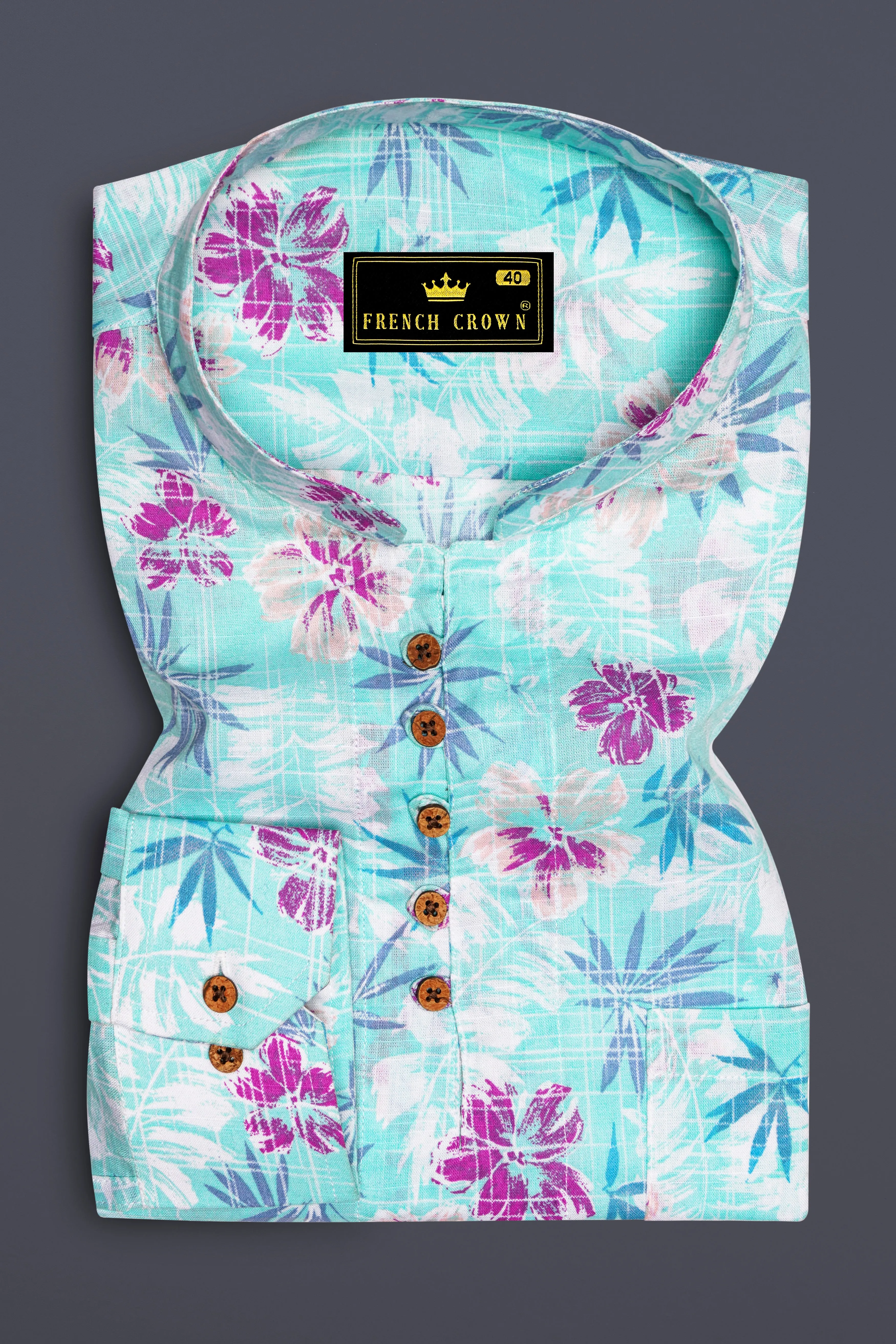 Tropivell-Tiffany Blue And Plum Pink Tropical Breeze Printed Luxurious Linen Casual Shirt sold by French Crown product image thumbnail 2