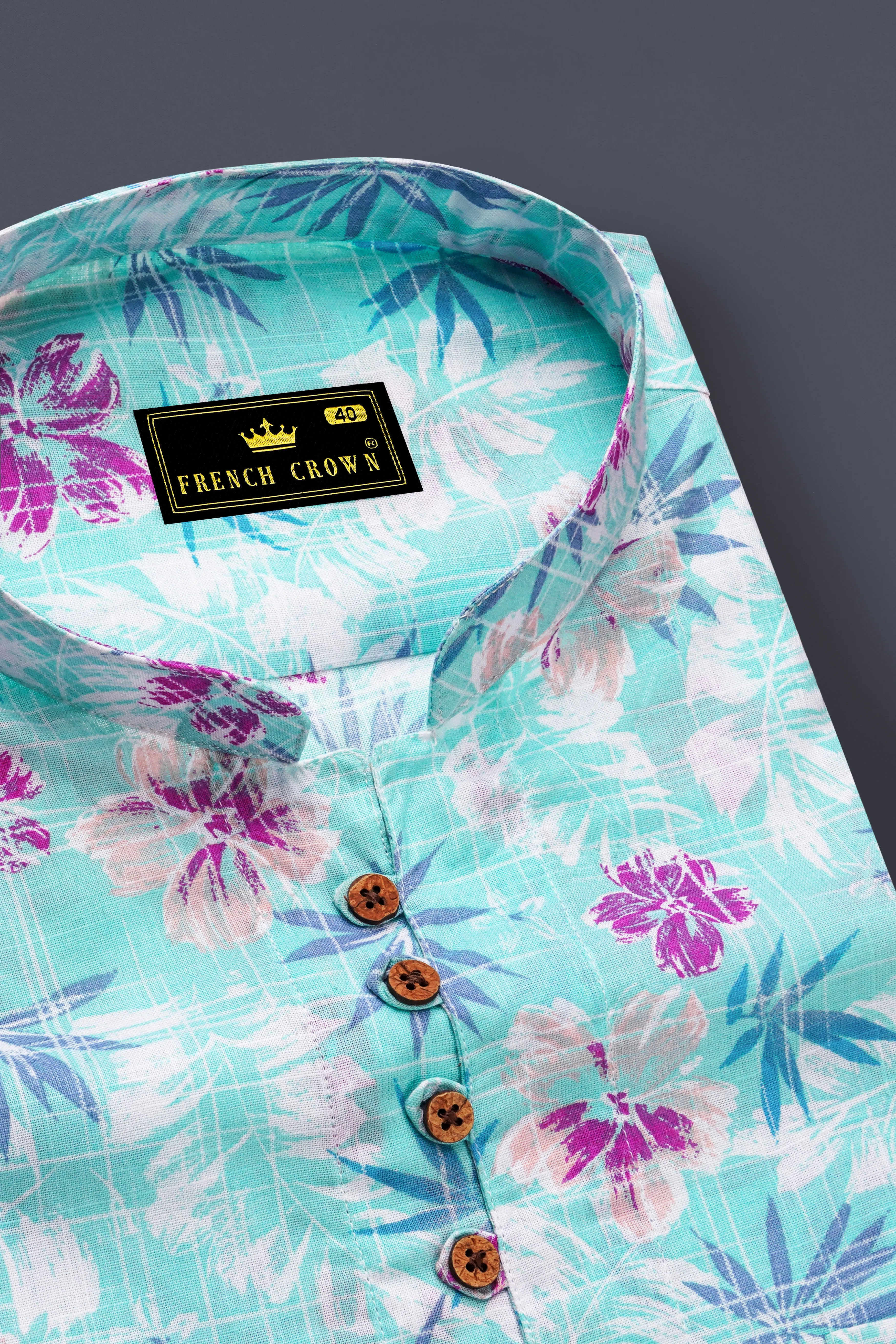 Tropivell-Tiffany Blue And Plum Pink Tropical Breeze Printed Luxurious Linen Casual Shirt sold by French Crown product image thumbnail 4