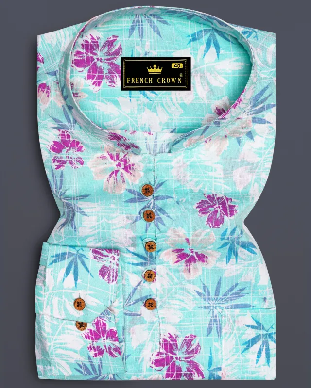 Tropivell-Tiffany Blue And Plum Pink Tropical Breeze Printed Luxurious Linen Casual Shirt sold by French Crown