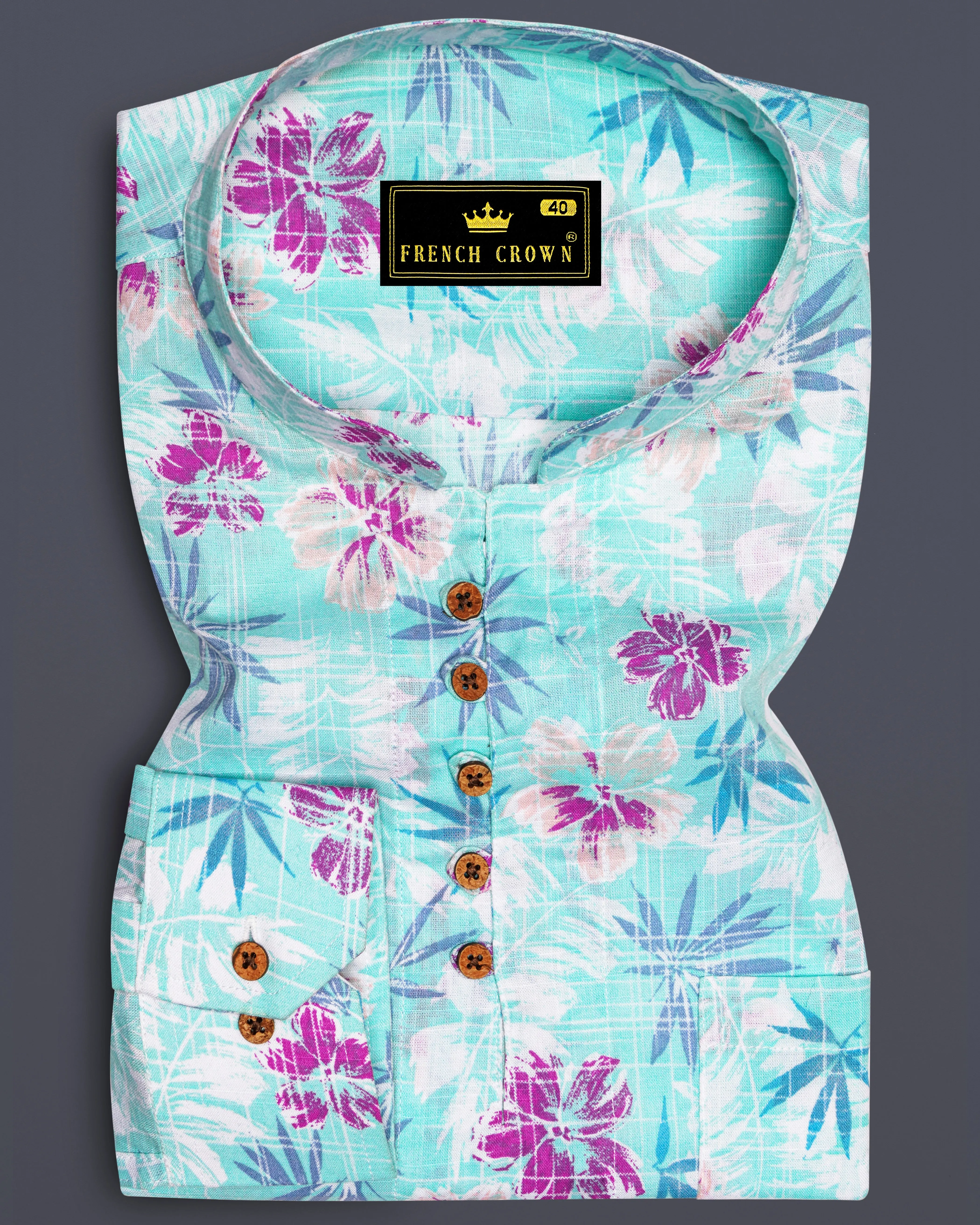 Tropivell-Tiffany Blue And Plum Pink Tropical Breeze Printed Luxurious Linen Casual Shirt sold by French Crown