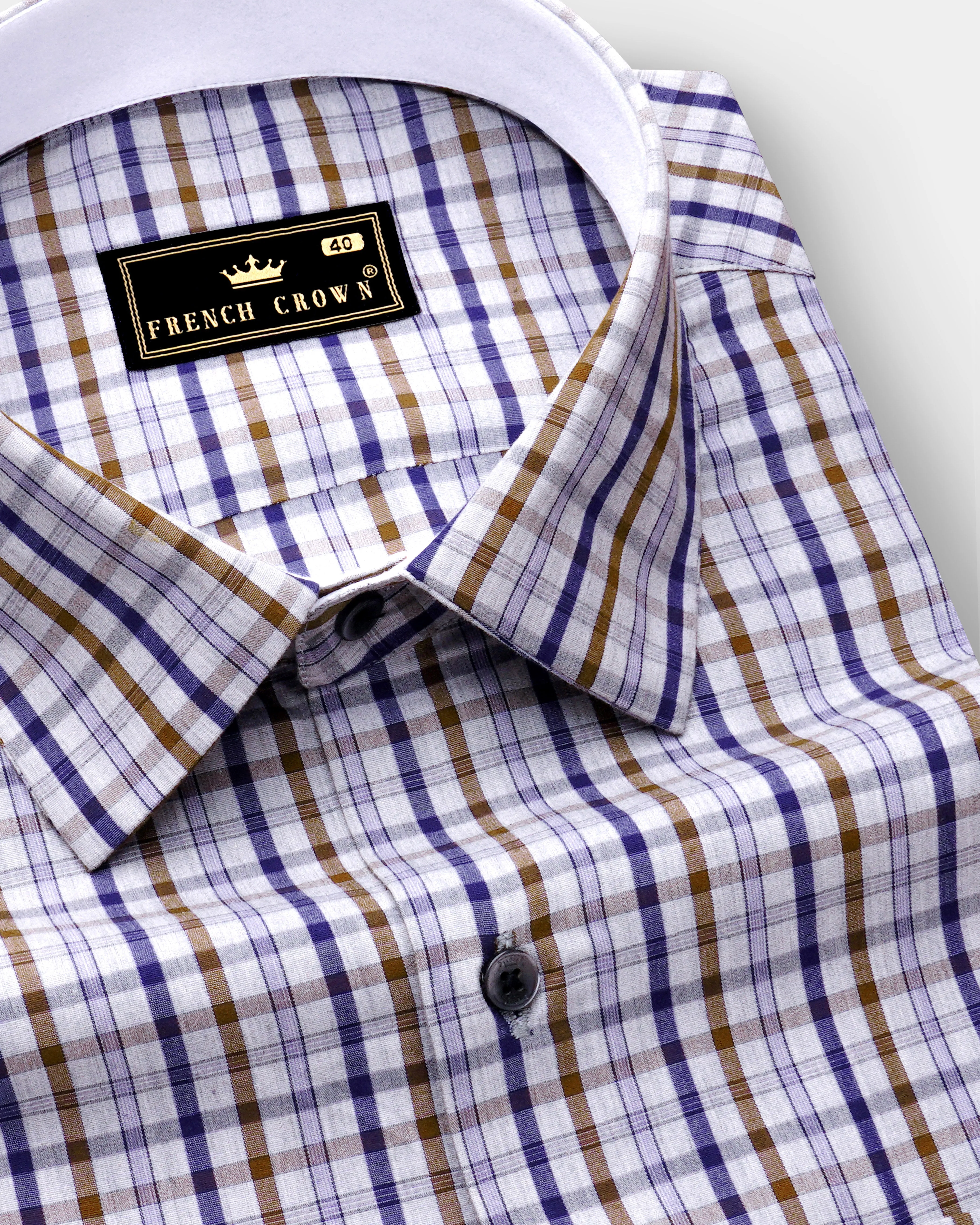Platinum Grey with Purply Blue and Otter Brown Plaid Poplin Giza Cotton Shirt sold by French Crown