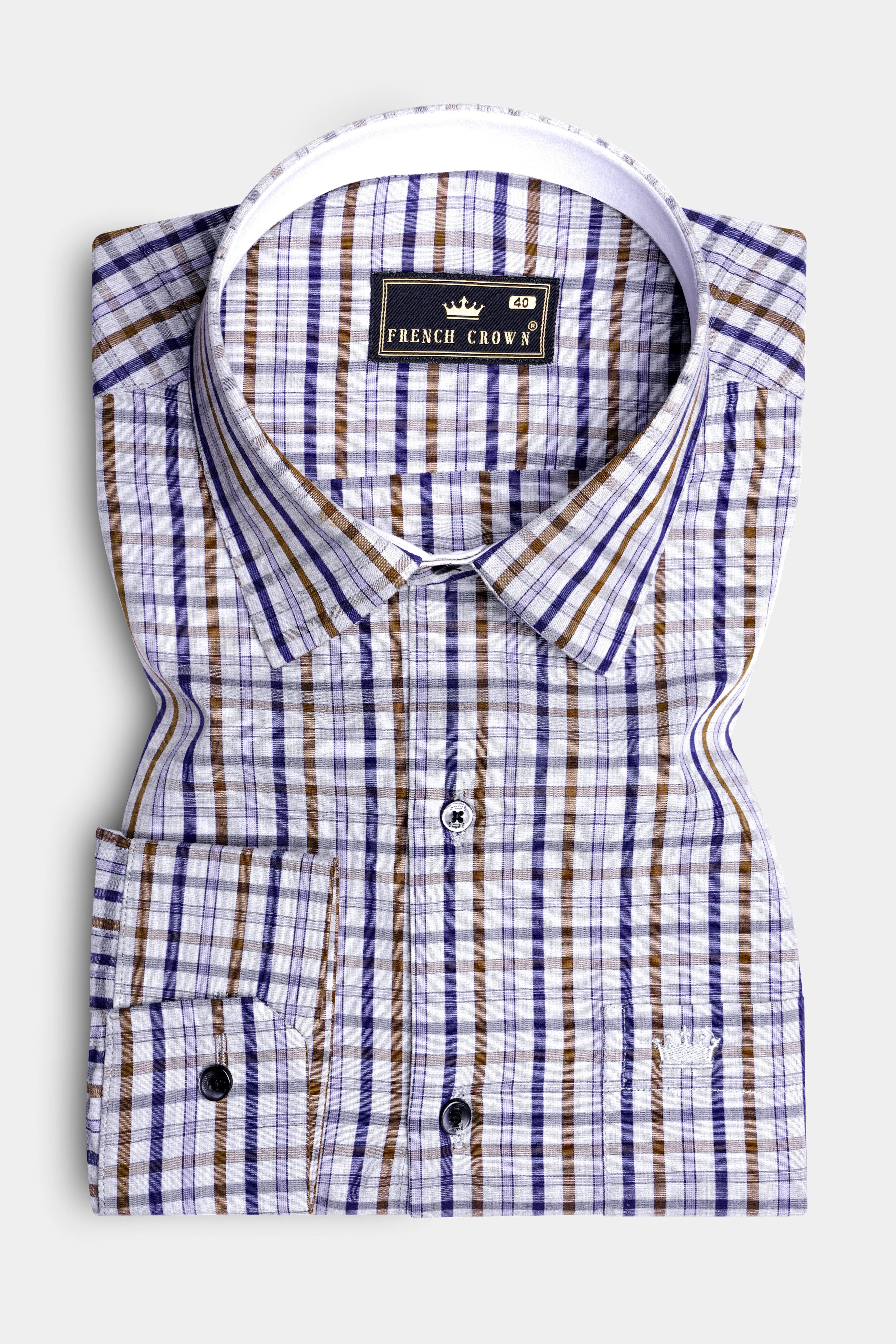Platinum Grey with Purply Blue and Otter Brown Plaid Poplin Giza Cotton Shirt sold by French Crown product image thumbnail 4