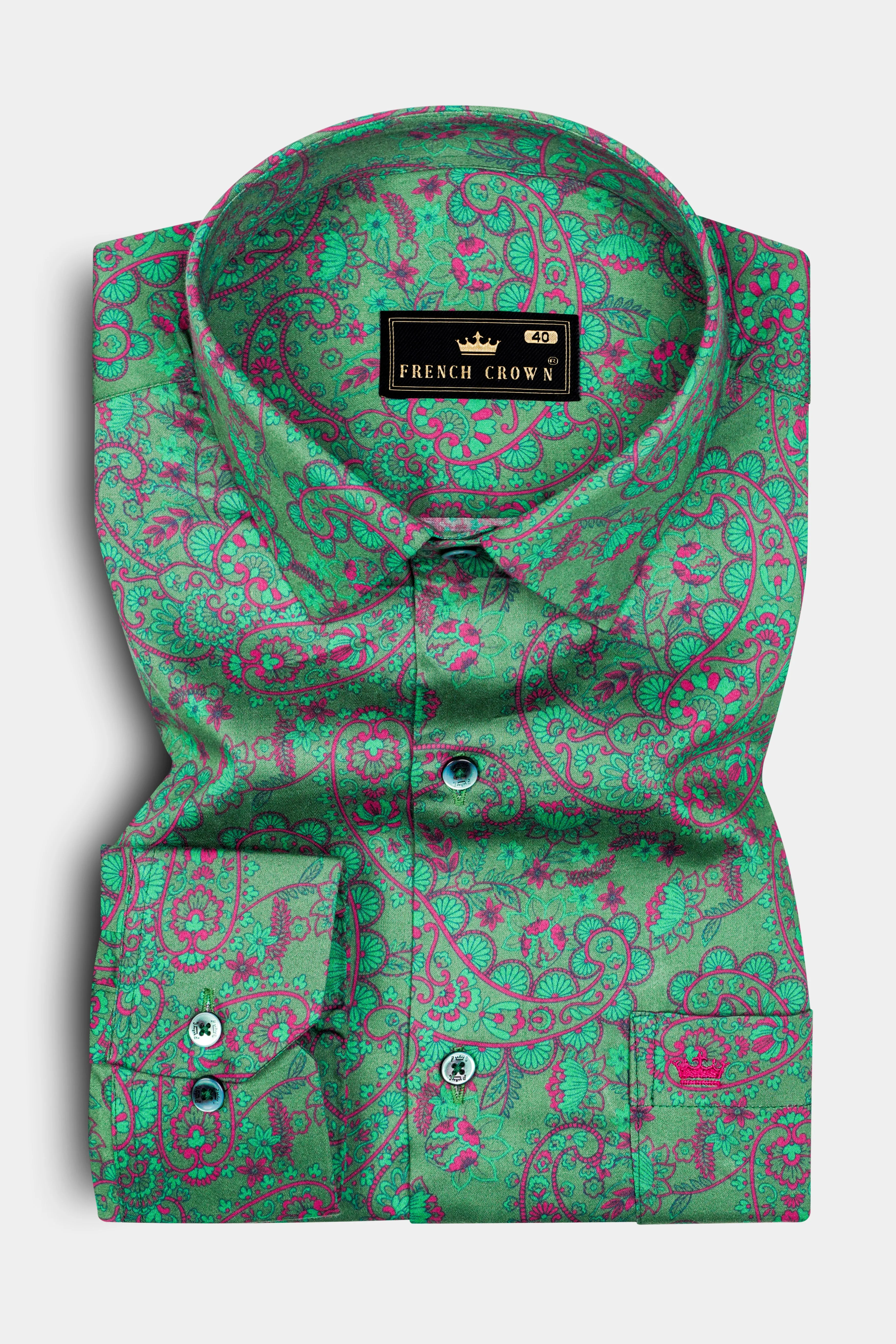 Paisvion-Lichen Green With Violet Pink Paisley Printed Subtle Sheen Super Soft Premium Cotton Semi Formal Shirt sold by French Crown product image thumbnail 4