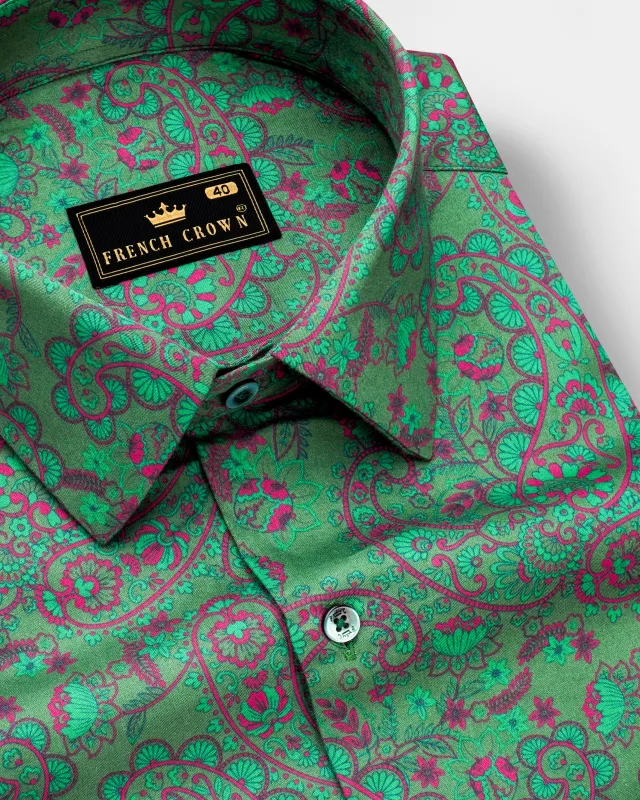 Paisvion-Lichen Green With Violet Pink Paisley Printed Subtle Sheen Super Soft Premium Cotton Semi Formal Shirt made by French Crown