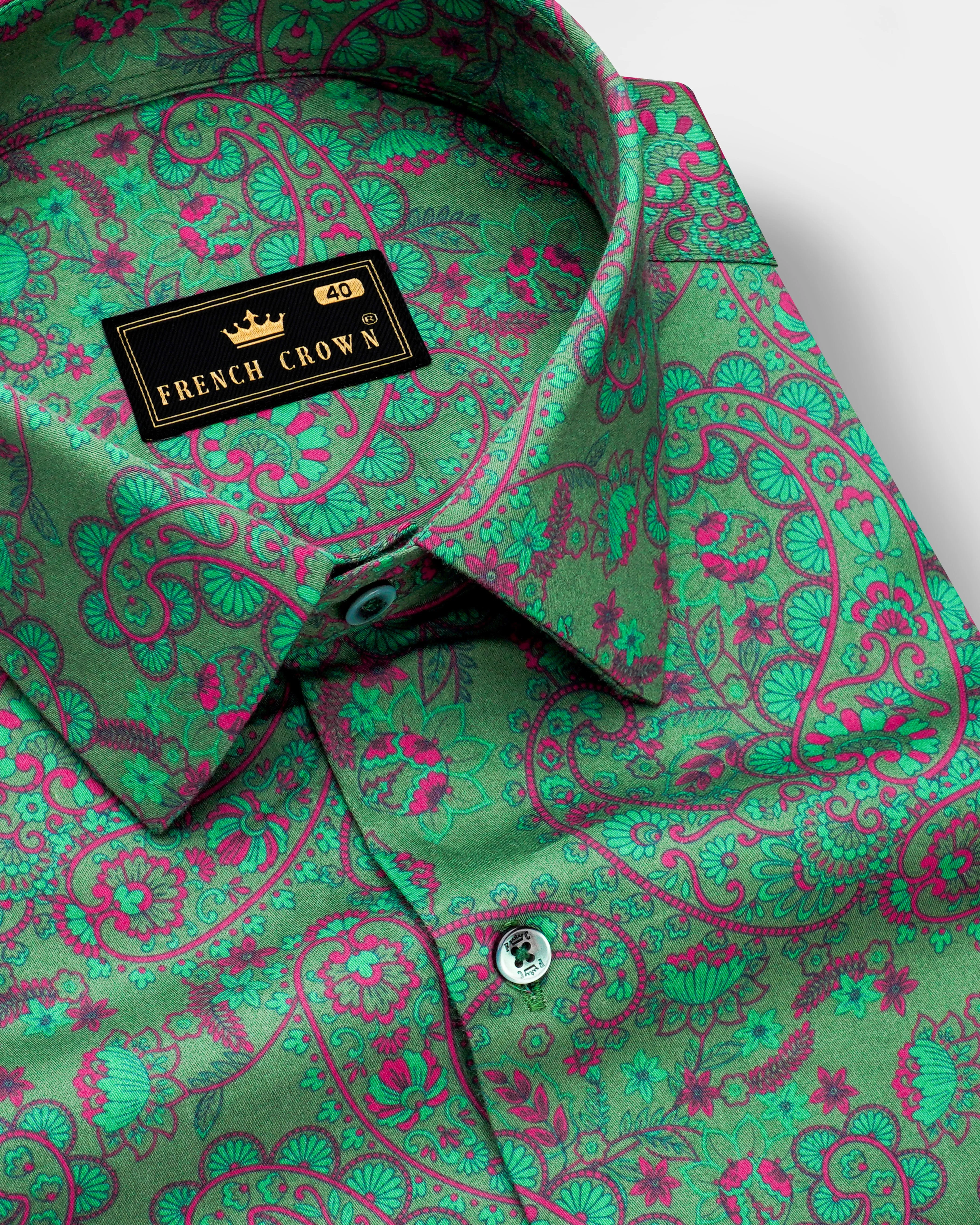 Paisvion-Lichen Green With Violet Pink Paisley Printed Subtle Sheen Super Soft Premium Cotton Semi Formal Shirt sold by French Crown