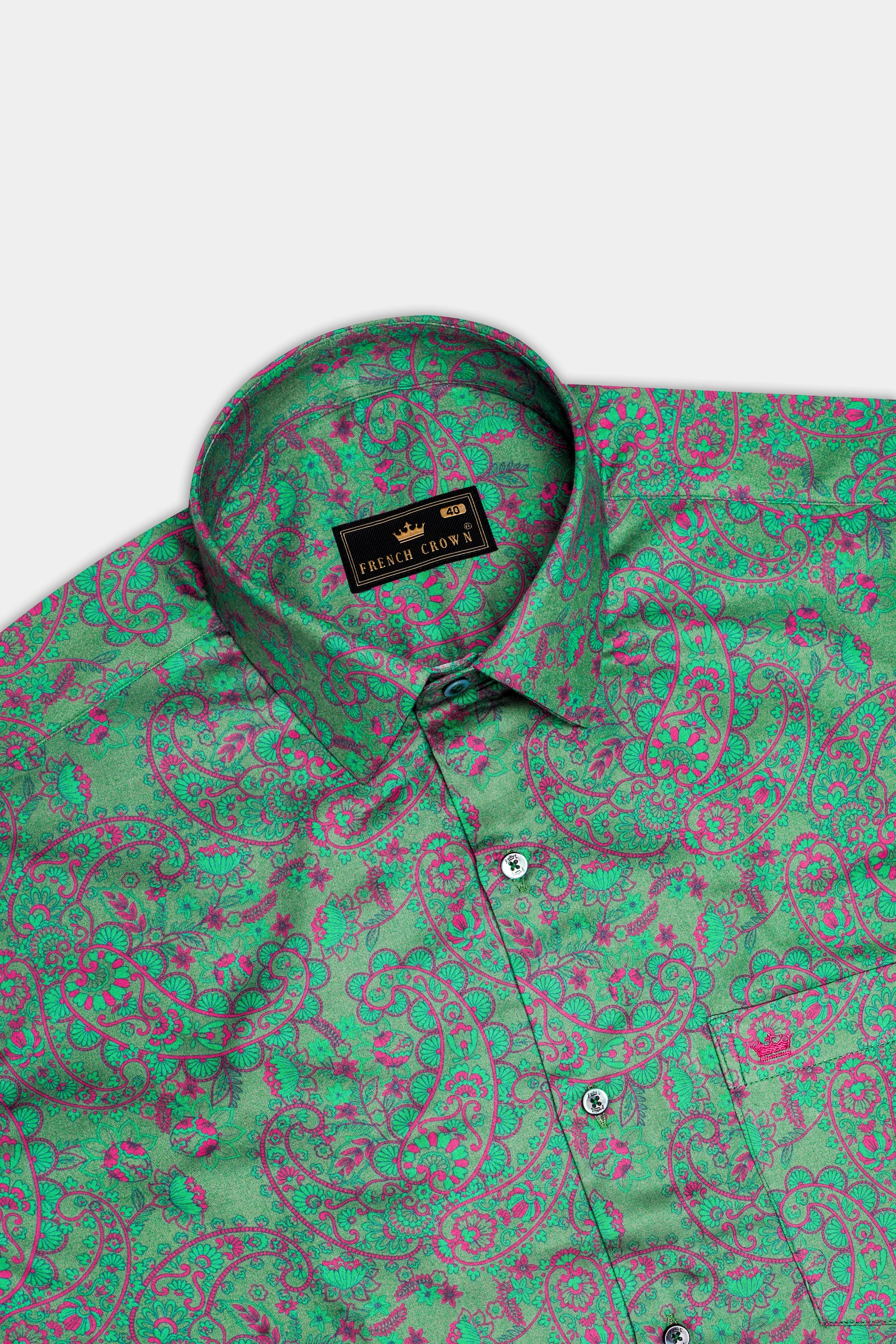 Paisvion-Lichen Green With Violet Pink Paisley Printed Subtle Sheen Super Soft Premium Cotton Semi Formal Shirt sold by French Crown product image thumbnail 5