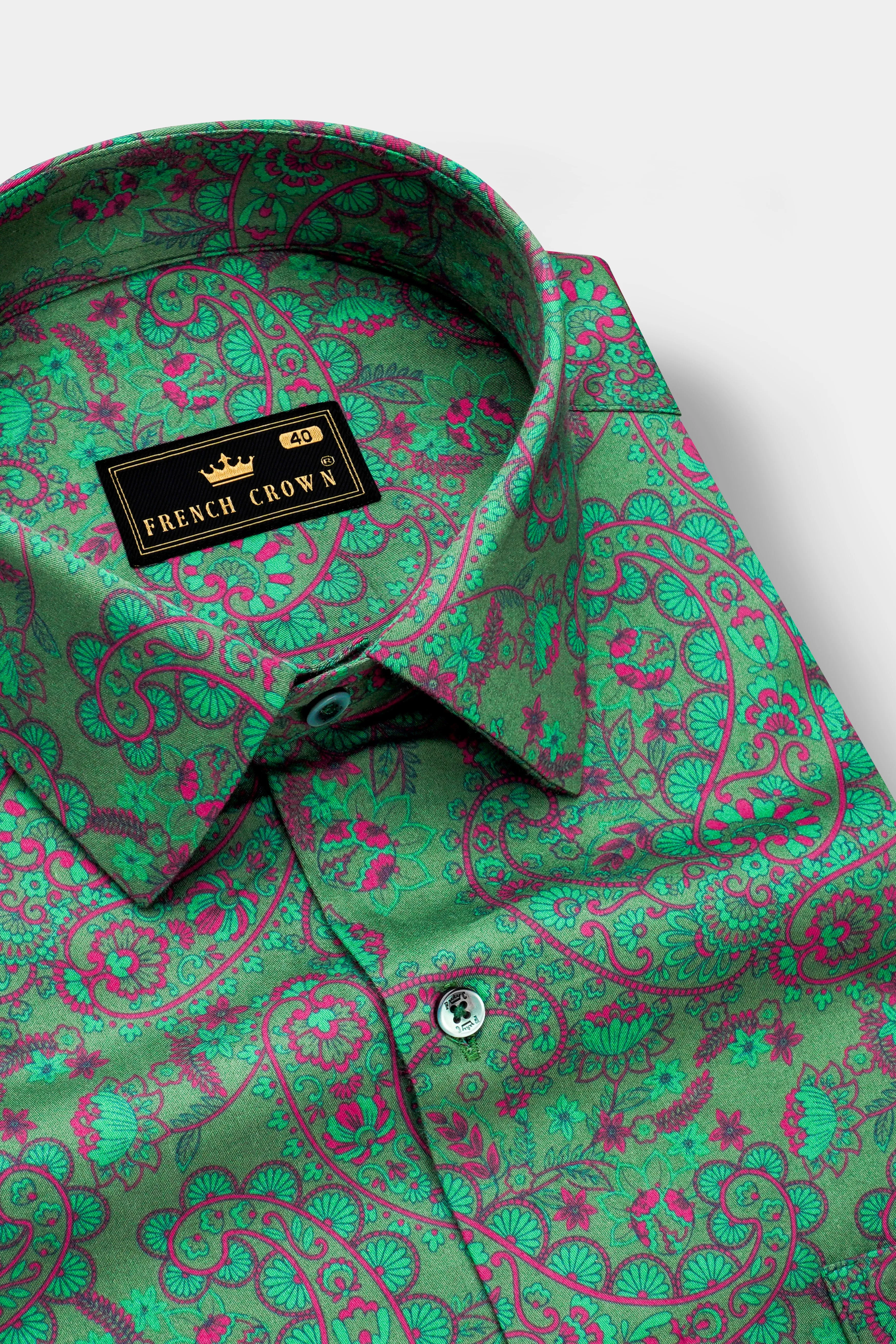 Paisvion-Lichen Green With Violet Pink Paisley Printed Subtle Sheen Super Soft Premium Cotton Semi Formal Shirt sold by French Crown product image thumbnail 2