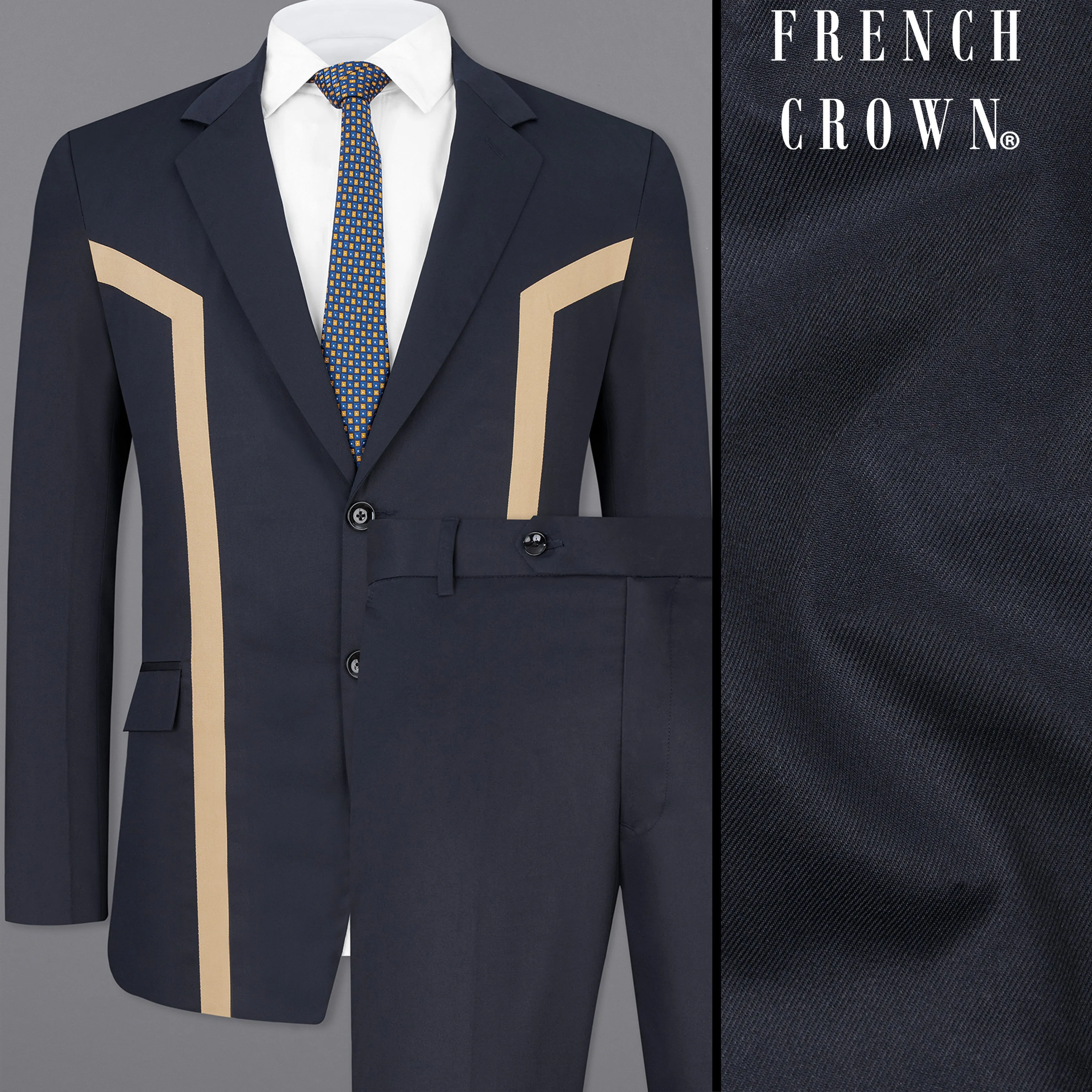 Thunder Blue with Brown Patch Work Premium Cotton Designer Suit sold by French Crown