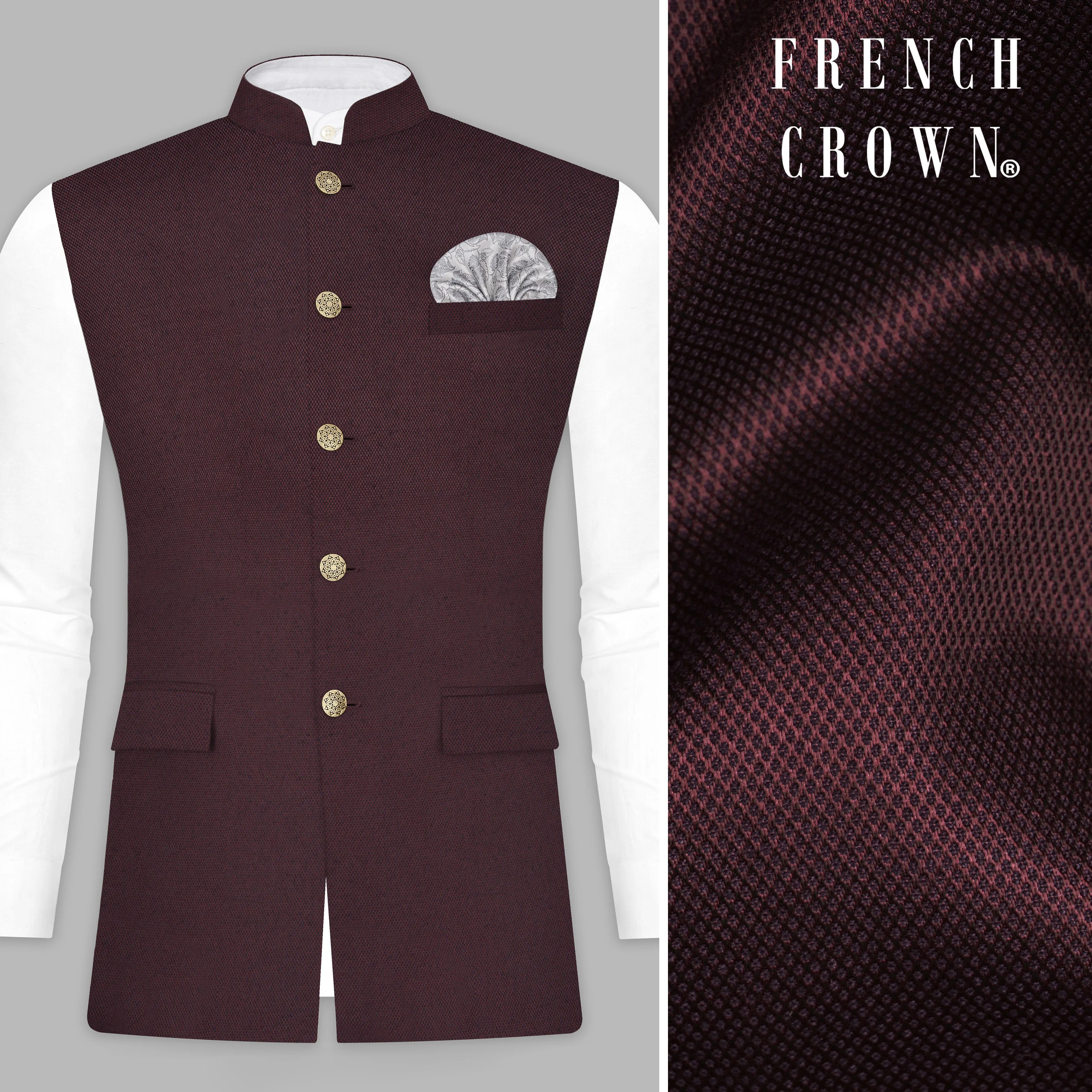 Eclipse Maroon Textured Wool Rich Nehru Jacket sold by French Crown