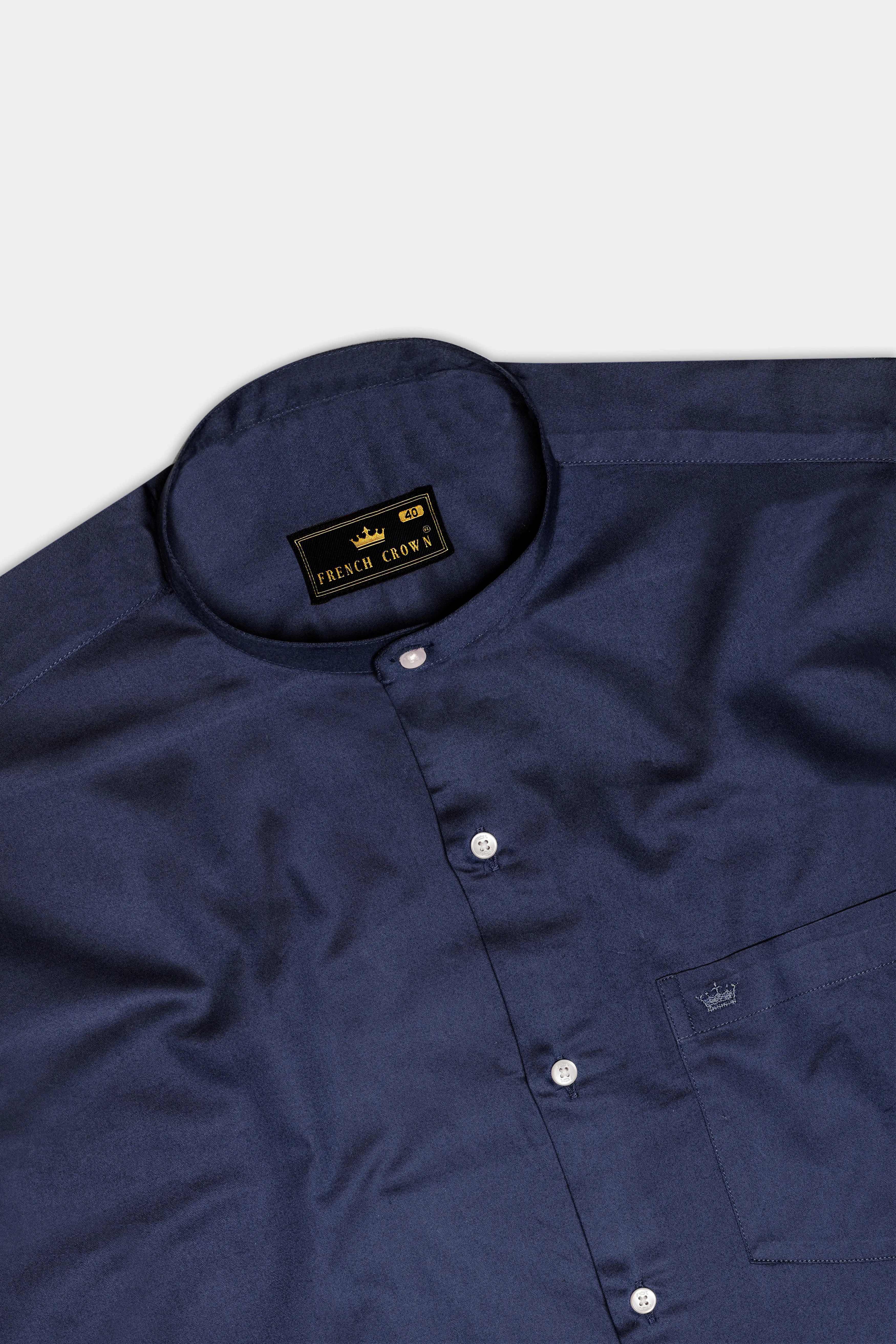 Cerulean-Tealish Blue Solid Subtle Sheen Super Soft Premium Cotton Semi Formal Mandarin Collar Shirt sold by French Crown product image thumbnail 5