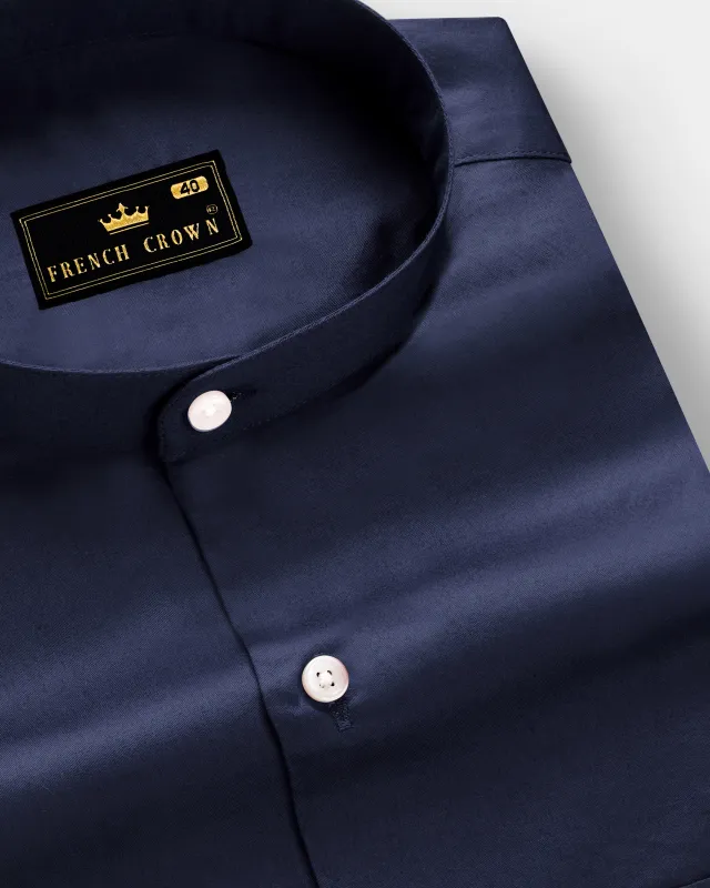Cerulean-Tealish Blue Solid Subtle Sheen Super Soft Premium Cotton Semi Formal Mandarin Collar Shirt sold by French Crown