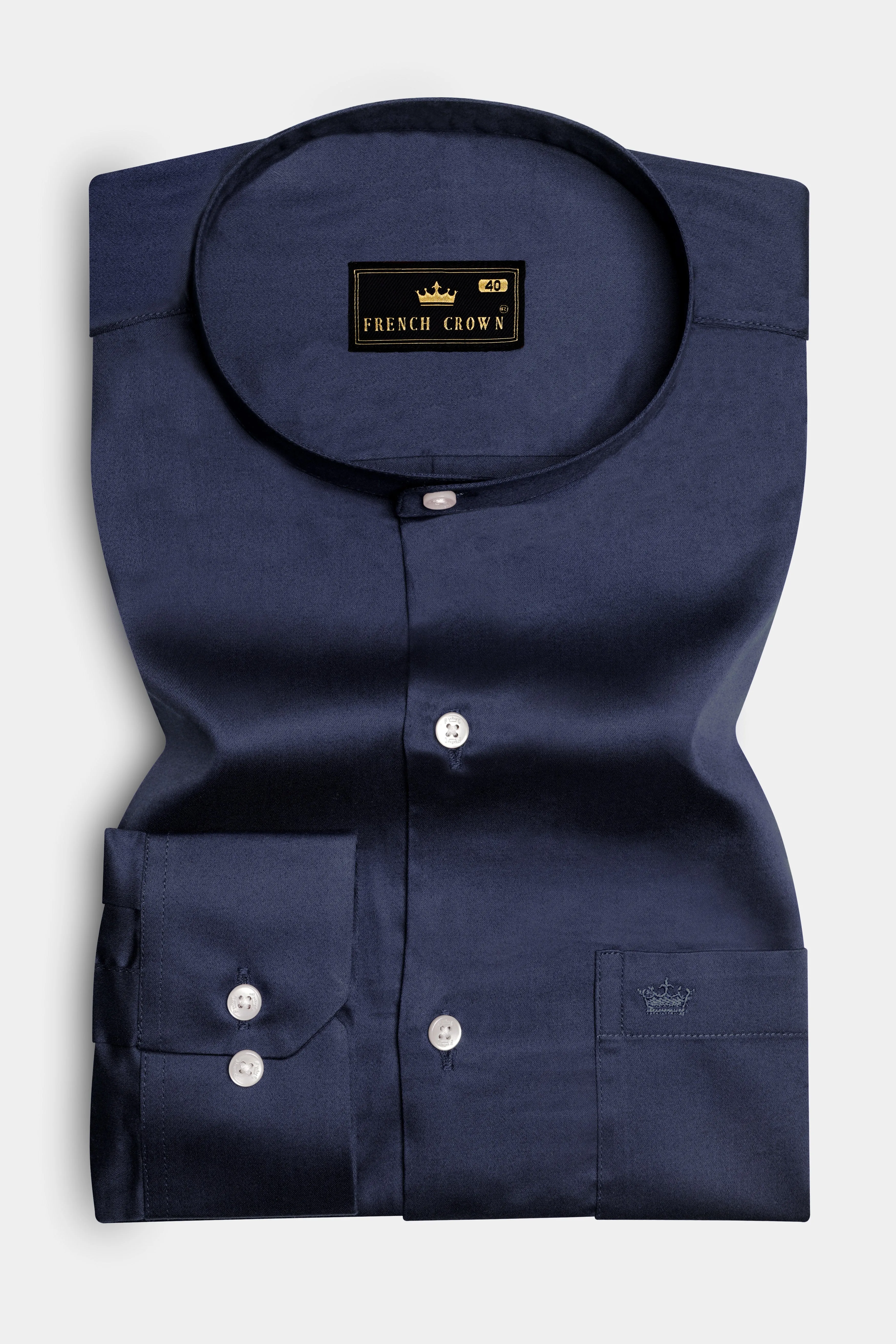 Cerulean-Tealish Blue Solid Subtle Sheen Super Soft Premium Cotton Semi Formal Mandarin Collar Shirt sold by French Crown product image thumbnail 4