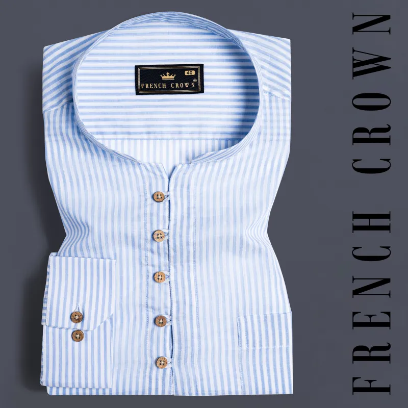 Bright White and Glacier Blue Striped Premium Cotton Kurta Shirt sold by French Crown