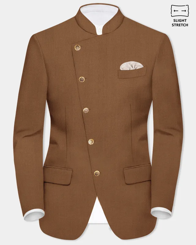 Bronze-Tawny Brown Solid Wool Rich Cross Placket Bandhgala Slight Stretch Blazer sold by French Crown