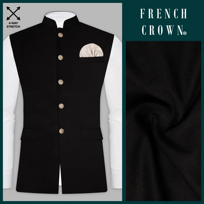 NoirFlex-Jade Black 4-Way Stretch Wrinkle-Free Textured Nehru Jacket sold by French Crown