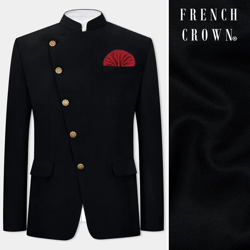 Jade Black Plain Solid Wool Blend Cross Placket Bandhgala Blazer sold by French Crown