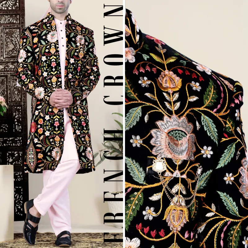 Jade Black with Chalet Green and Geenbug Orange Multicolour Floral Embroidered Indo-Western Set sold by French Crown