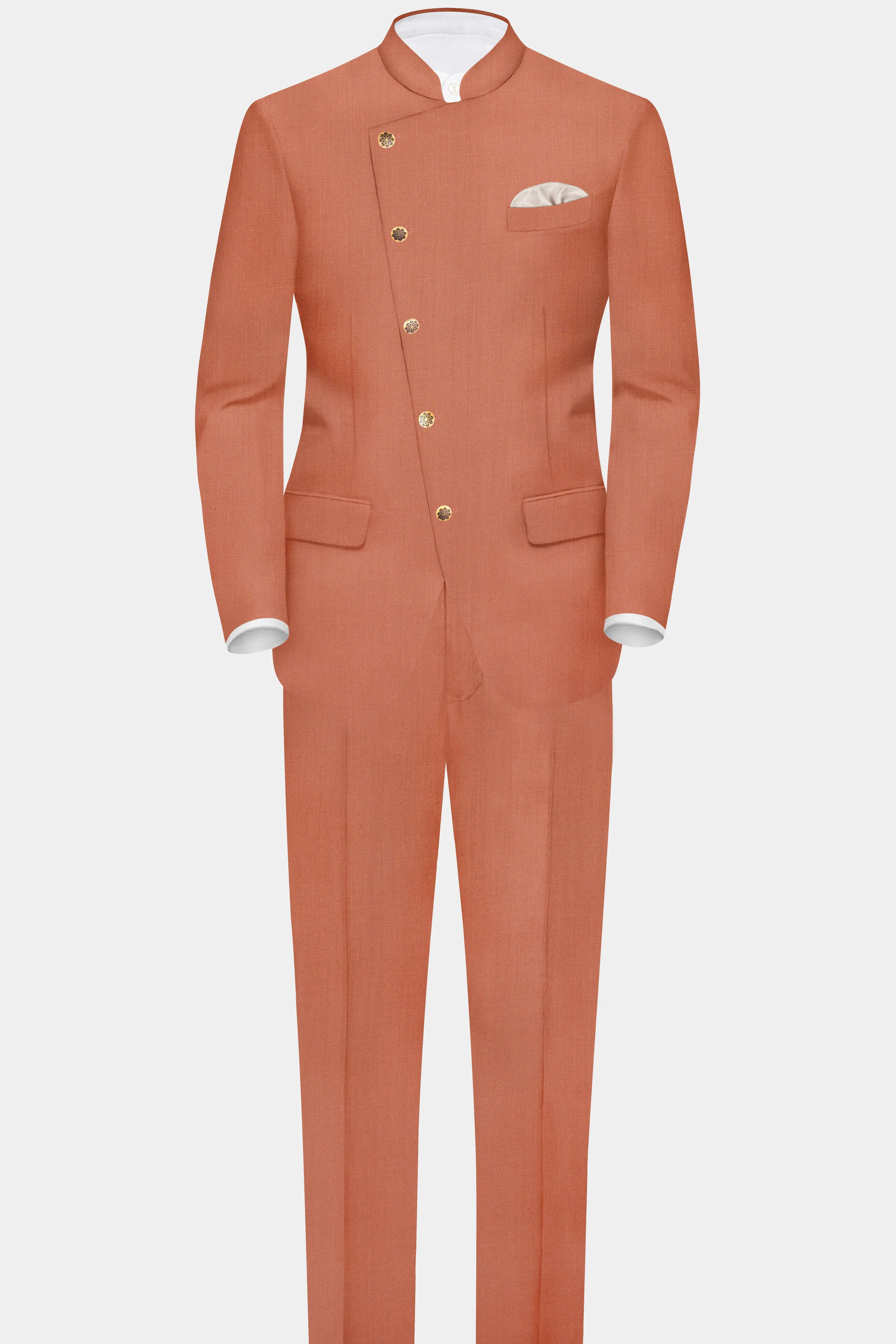 Spiced Sunset-Salmon Orange Solid Wool Rich Cross Placket Bandhgala Slight Stretch Suit sold by French Crown product image thumbnail 4