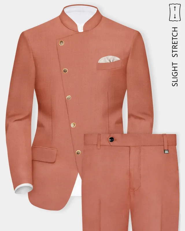 Spiced Sunset-Salmon Orange Solid Wool Rich Cross Placket Bandhgala Slight Stretch Suit sold by French Crown