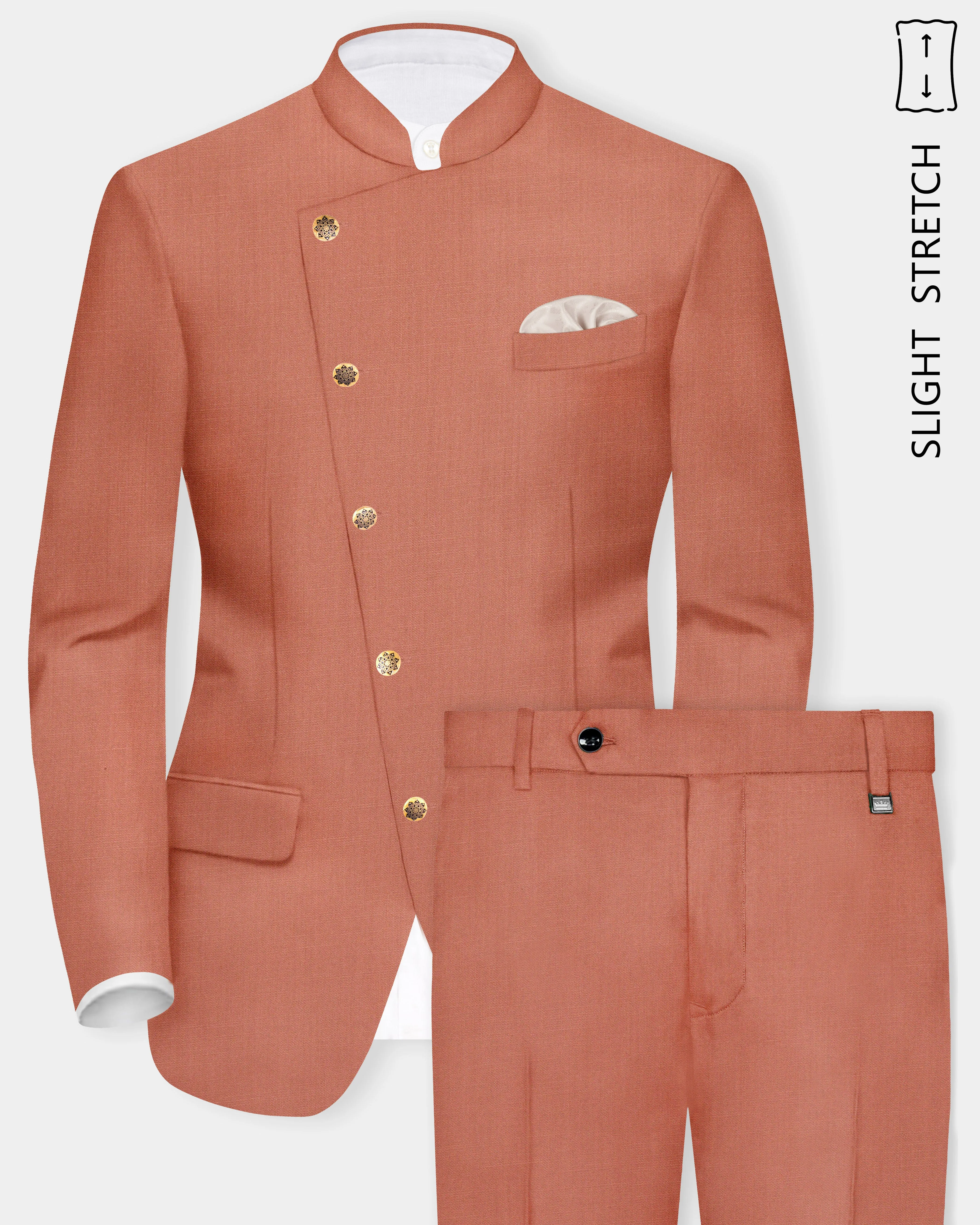Spiced Sunset-Salmon Orange Solid Wool Rich Cross Placket Bandhgala Slight Stretch Suit sold by French Crown