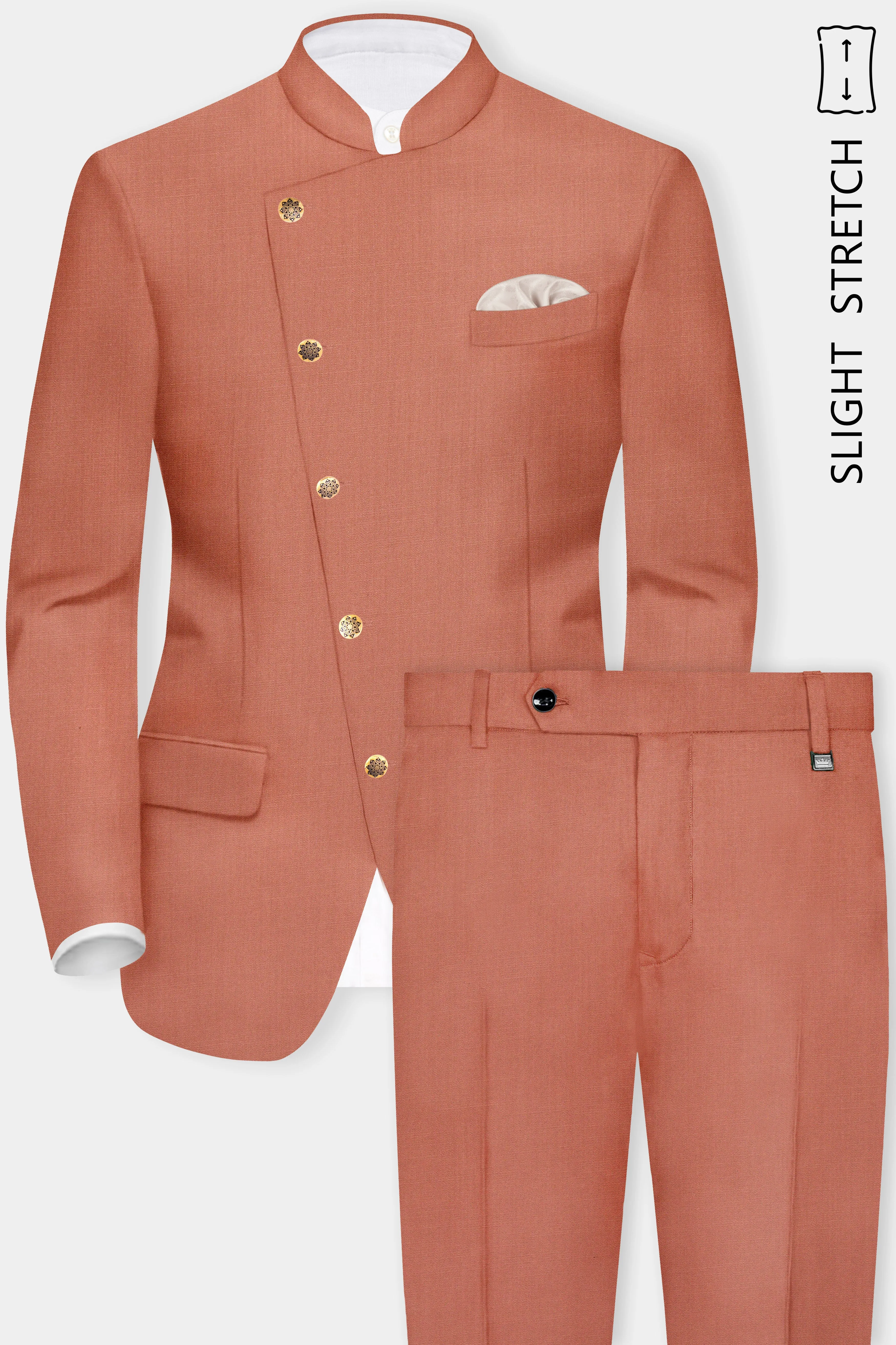 Spiced Sunset-Salmon Orange Solid Wool Rich Cross Placket Bandhgala Slight Stretch Suit sold by French Crown product image thumbnail 2