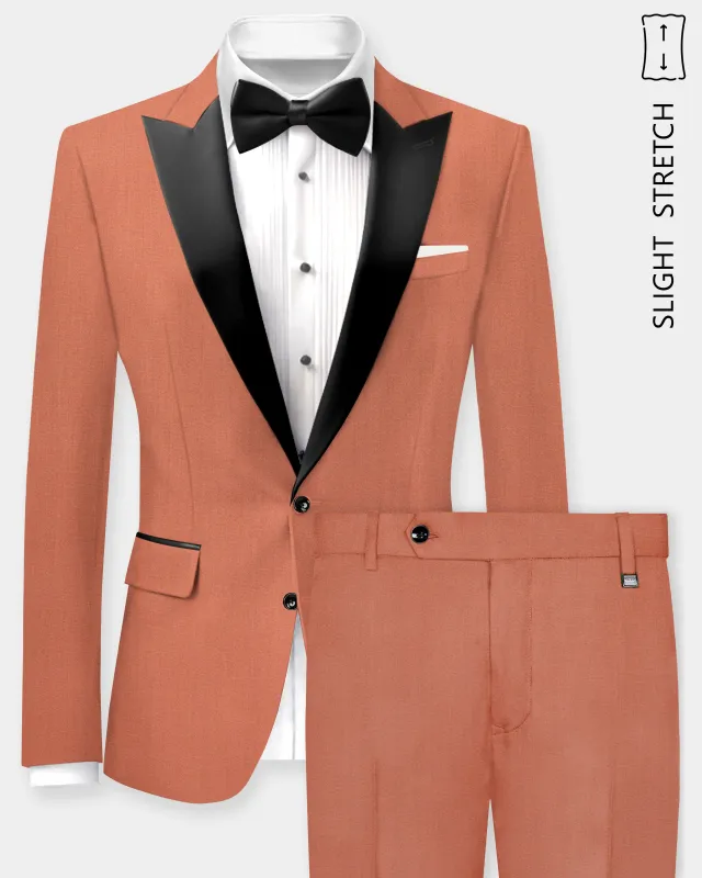 Spiced Sunset-Salmon Orange Solid Wool Rich Peak Lapel Tuxedo Slight Stretch Suit sold by French Crown