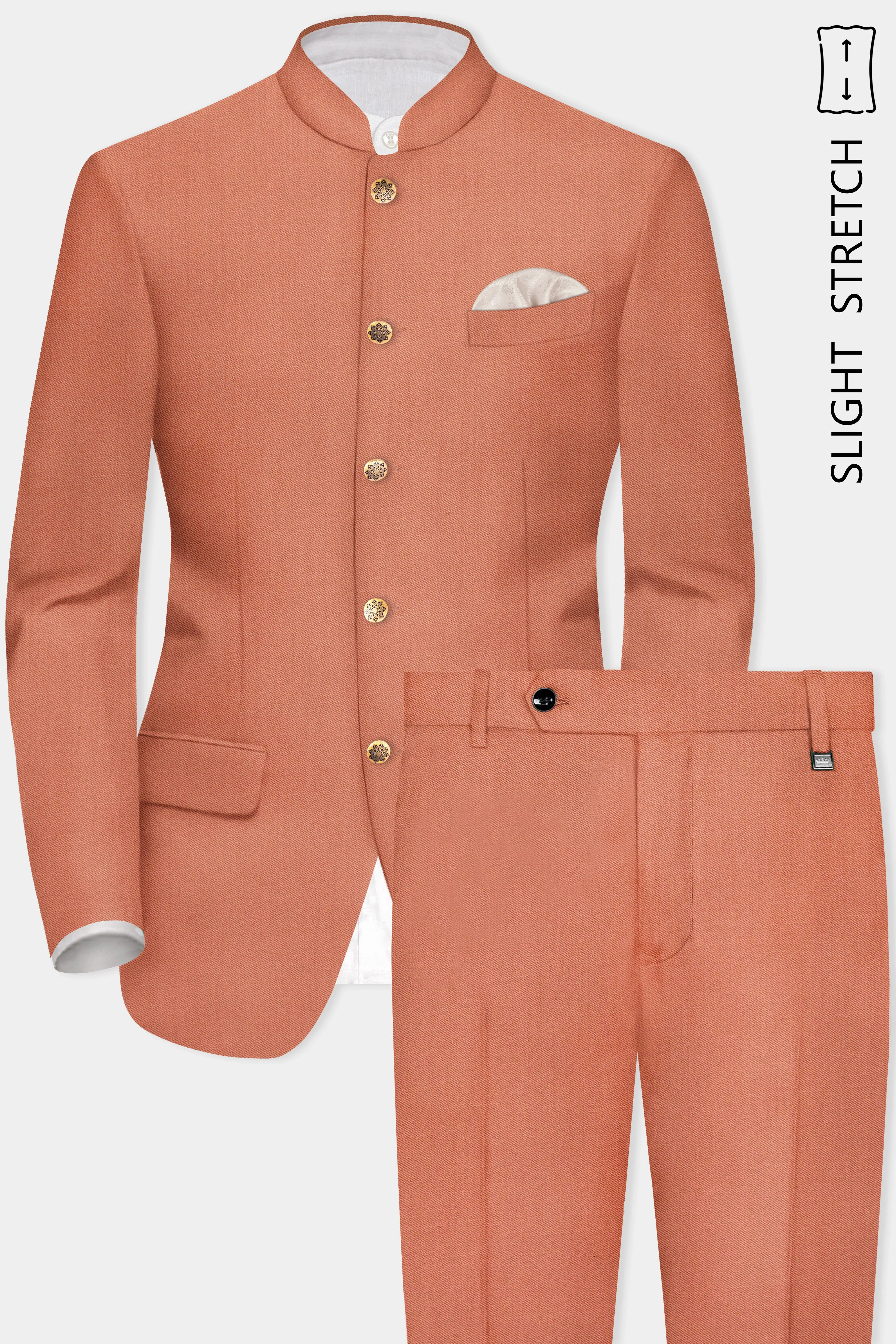 Spiced Sunset-Salmon Orange Solid Wool Rich Bandhgala Slight Stretch Suit sold by French Crown product image thumbnail 2