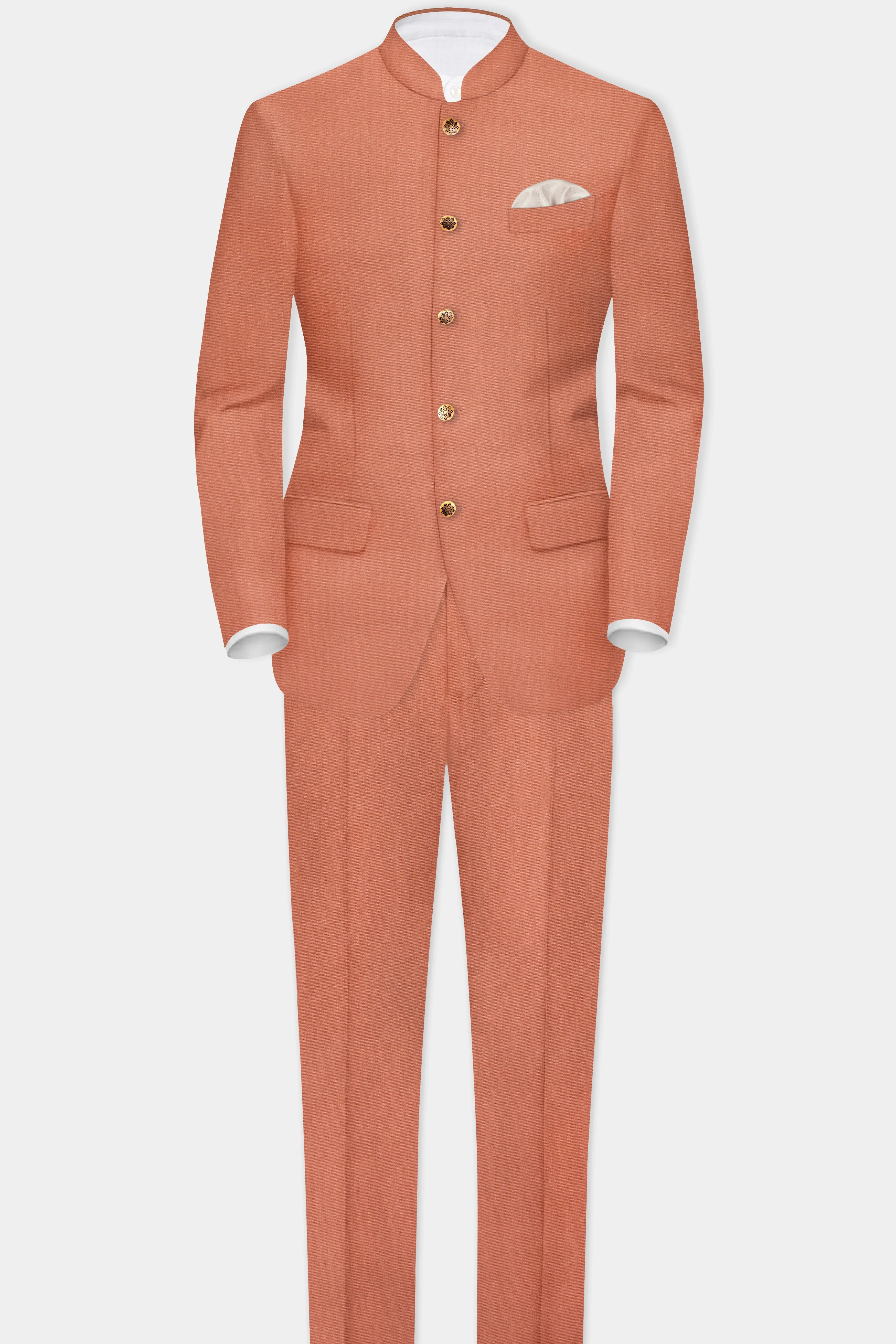 Spiced Sunset-Salmon Orange Solid Wool Rich Bandhgala Slight Stretch Suit sold by French Crown product image thumbnail 4