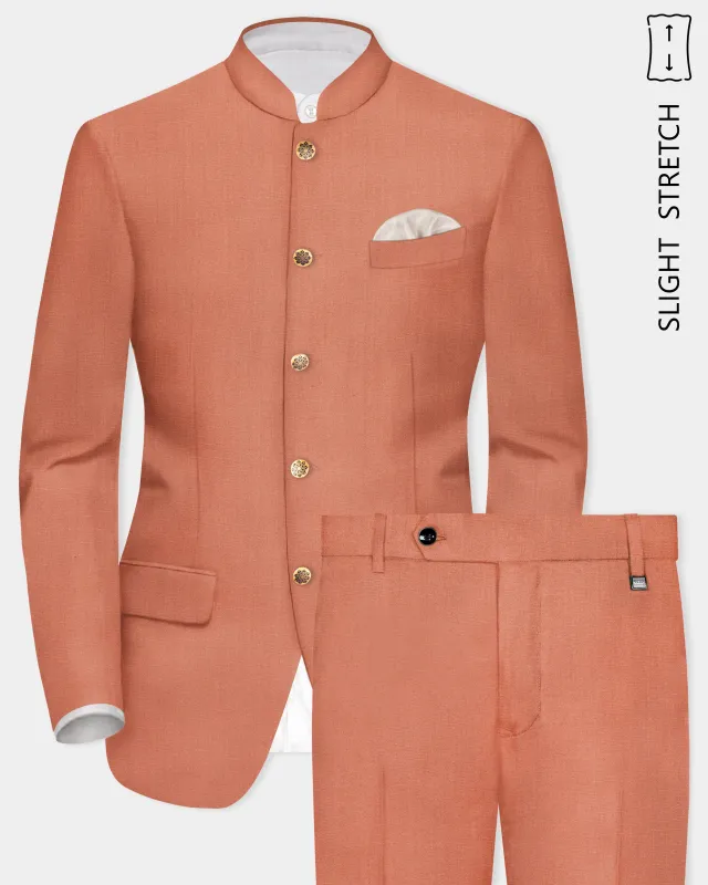 Spiced Sunset-Salmon Orange Solid Wool Rich Bandhgala Slight Stretch Suit sold by French Crown