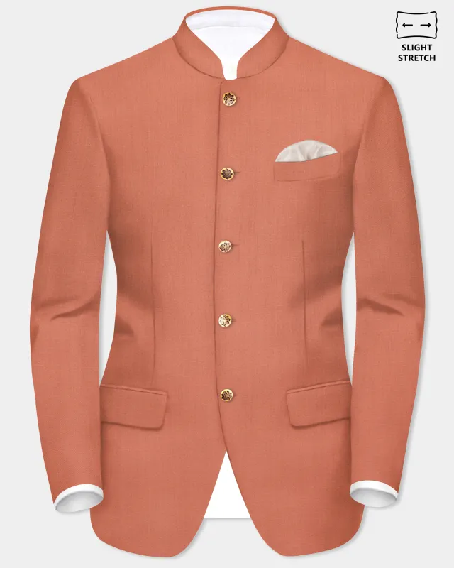 Spiced Sunset-Salmon Orange Solid Wool Rich Bandhgala Slight Stretch Blazer sold by French Crown
