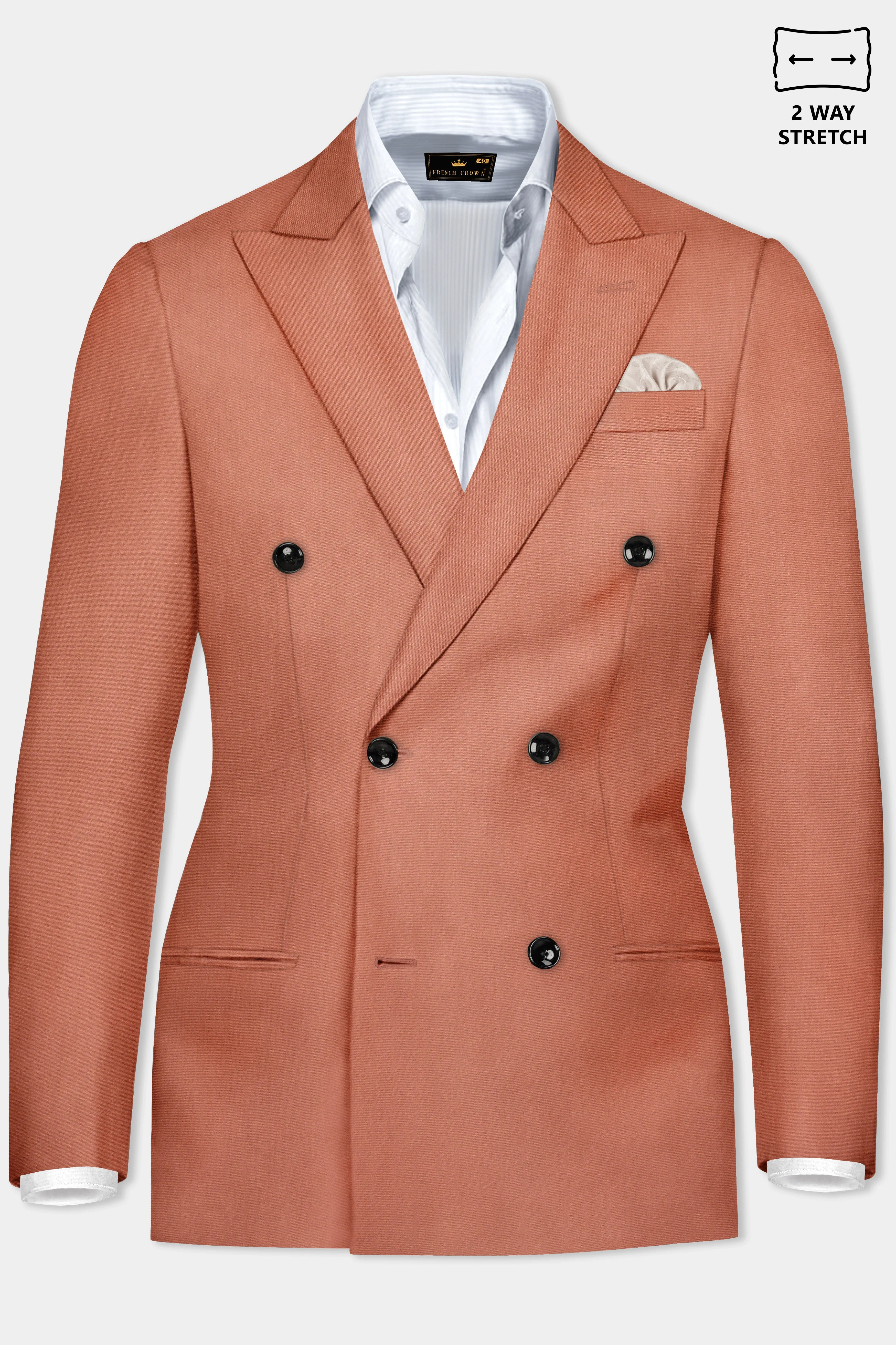 Spiced Sunset-Salmon Orange Solid Wool Rich Double Breasted Slight Stretch Blazer sold by French Crown product image thumbnail 2