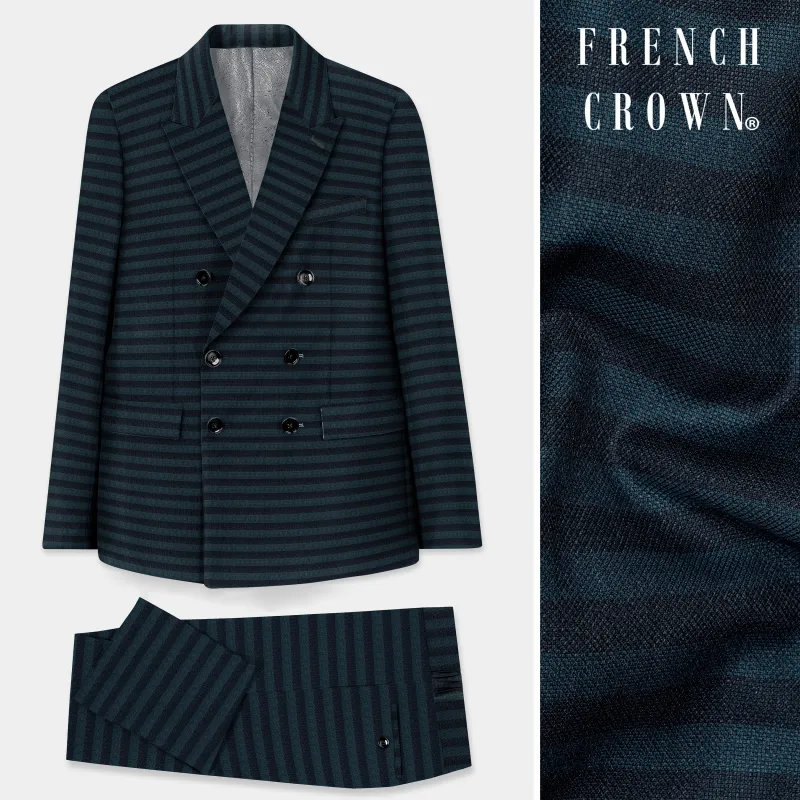 Bluish Blue And Jade Black Striped Wool Rich Double Breasted Suit made by French Crown