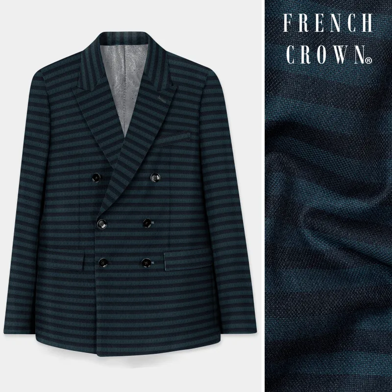 Bluish Blue And Jade Black Striped Wool Rich Double Breasted Blazer sold by French Crown