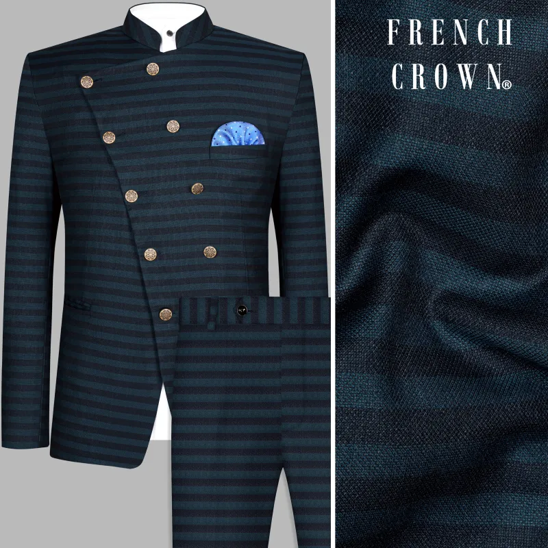 Bluish Blue And Jade Black Striped Cross Placket Bandhgala Suit sold by French Crown