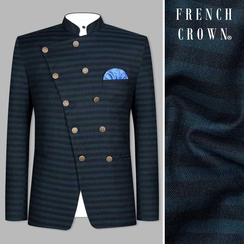 Bluish Blue And Jade Black Striped Cross Placket Bandhgala Blazer sold by French Crown