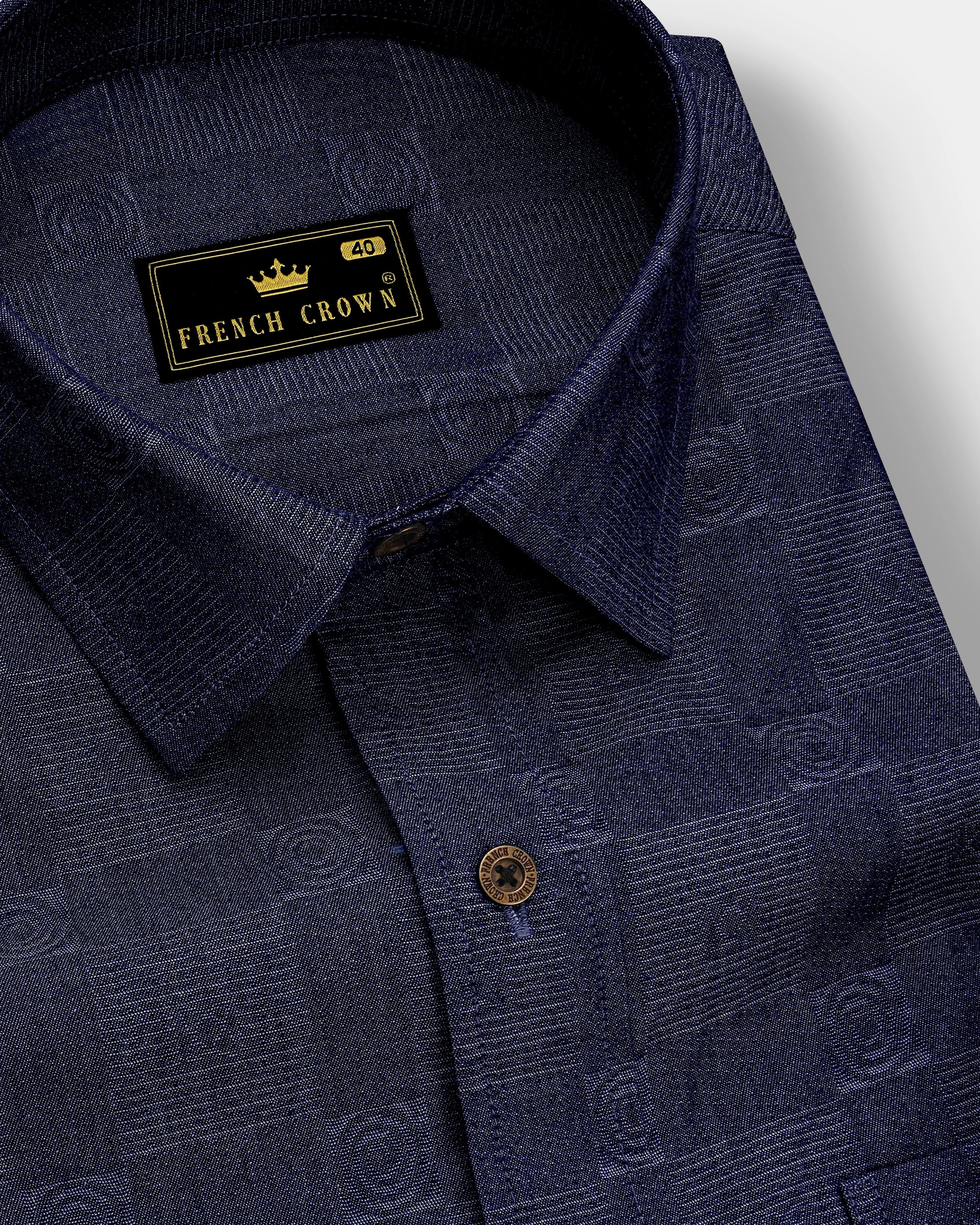 Squivra-Mirage Denim Blue square and circular motifs Textured Super Soft Premium Cotton Casual Shirt sold by French Crown
