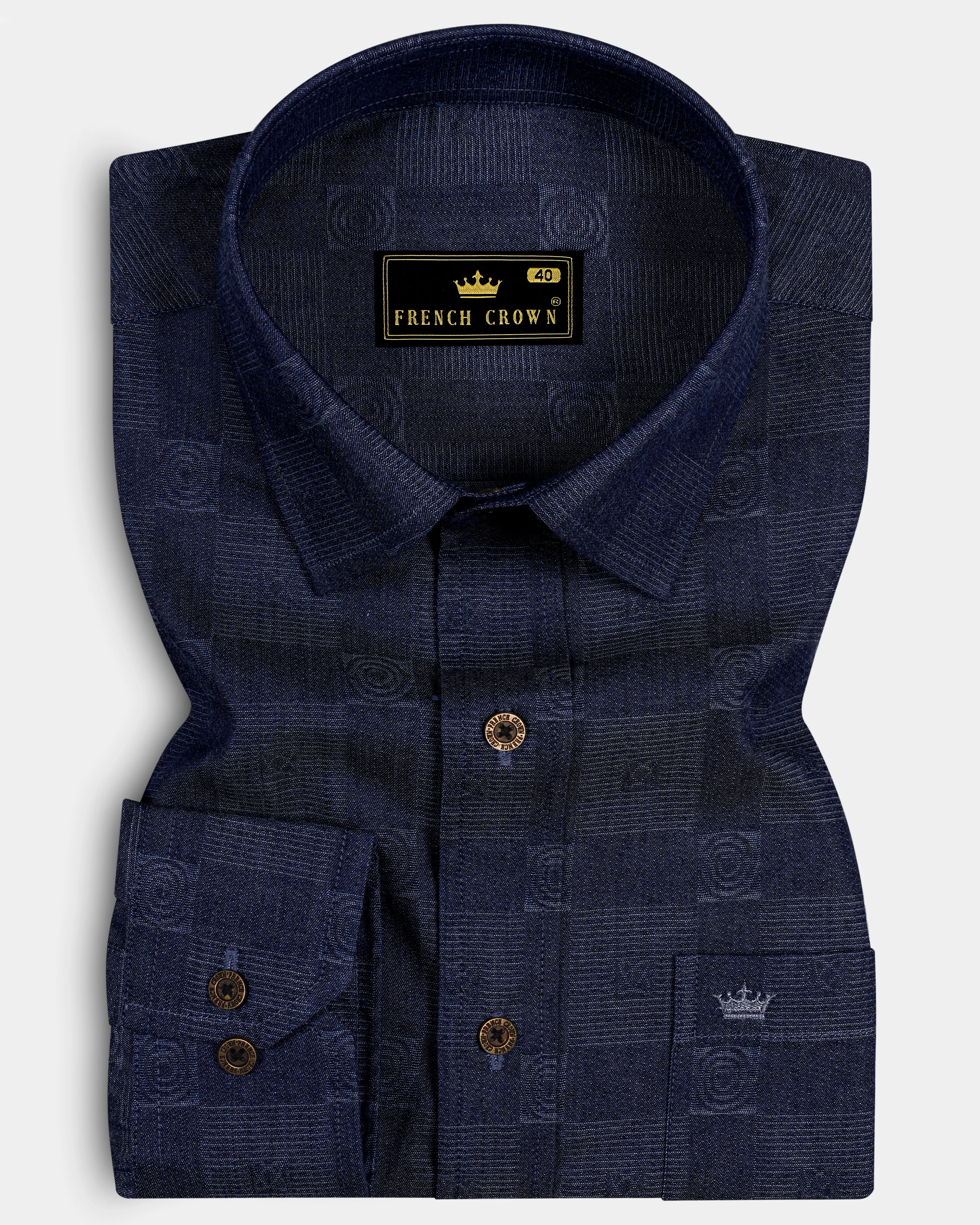 Squivra-Mirage Denim Blue square and circular motifs Textured Super Soft Premium Cotton Casual Shirt sold by French Crown product image thumbnail 5
