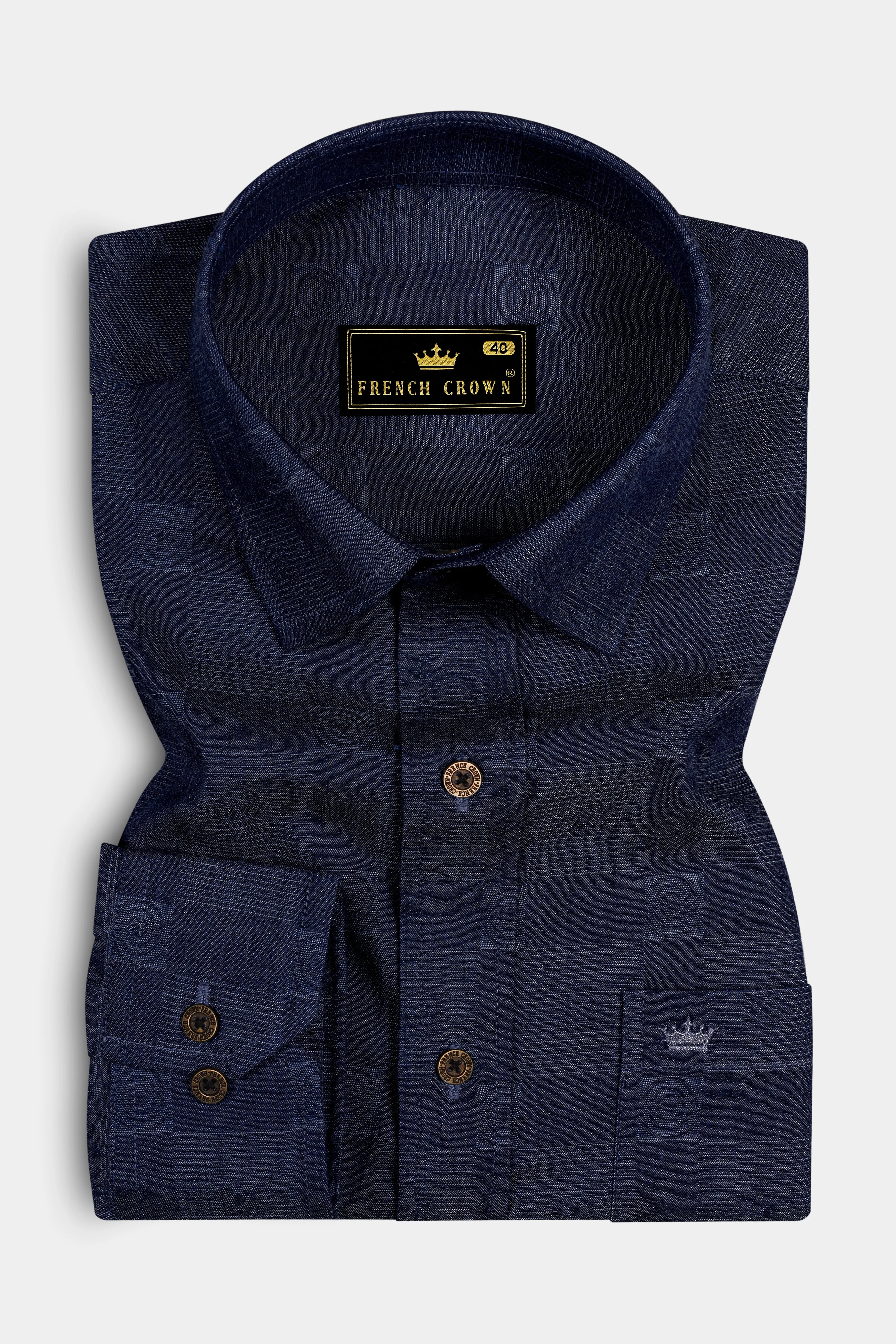 Squivra-Mirage Denim Blue square and circular motifs Textured Super Soft Premium Cotton Casual Shirt sold by French Crown product image thumbnail 3