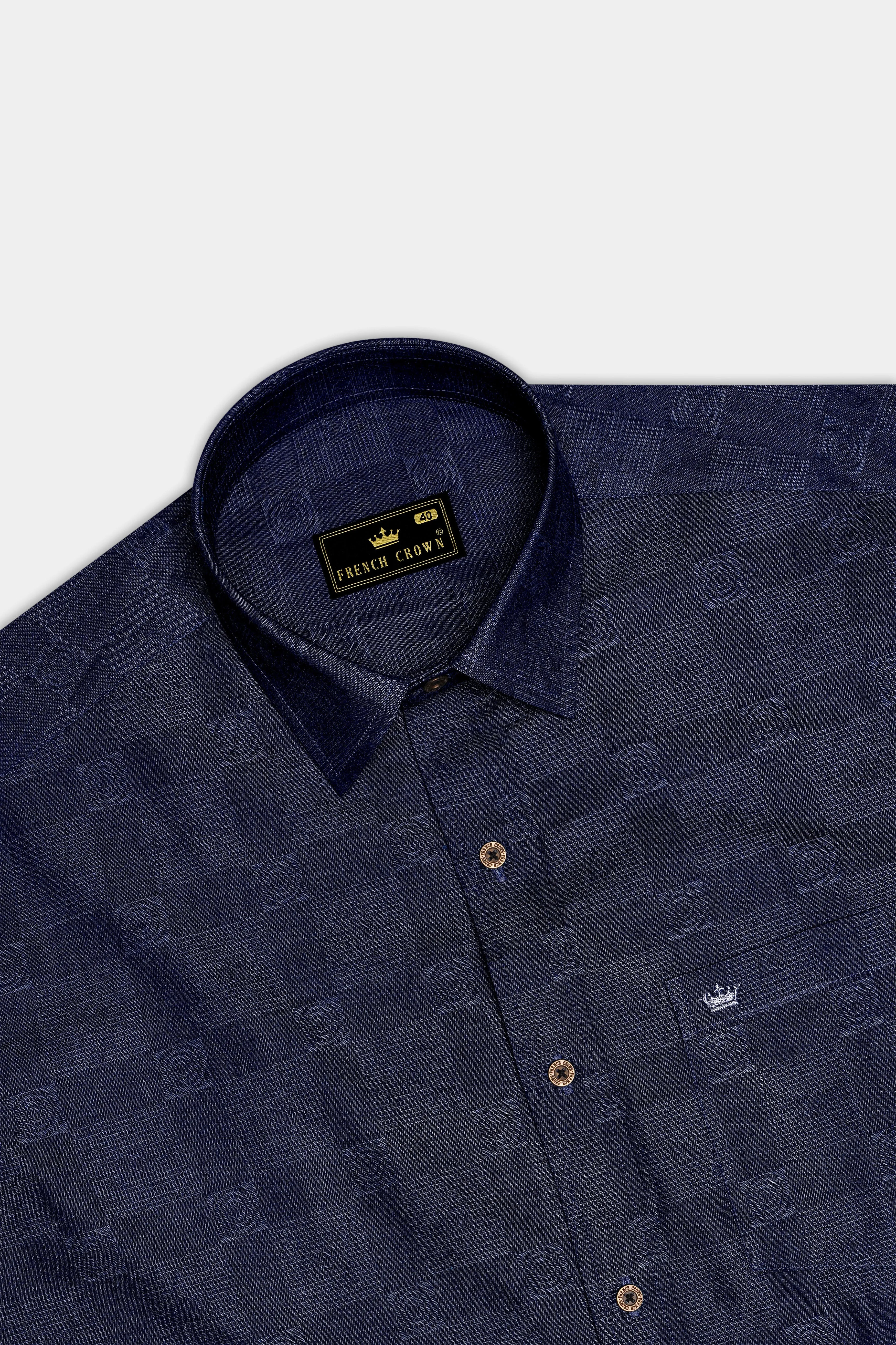 Squivra-Mirage Denim Blue square and circular motifs Textured Super Soft Premium Cotton Casual Shirt sold by French Crown product image thumbnail 4