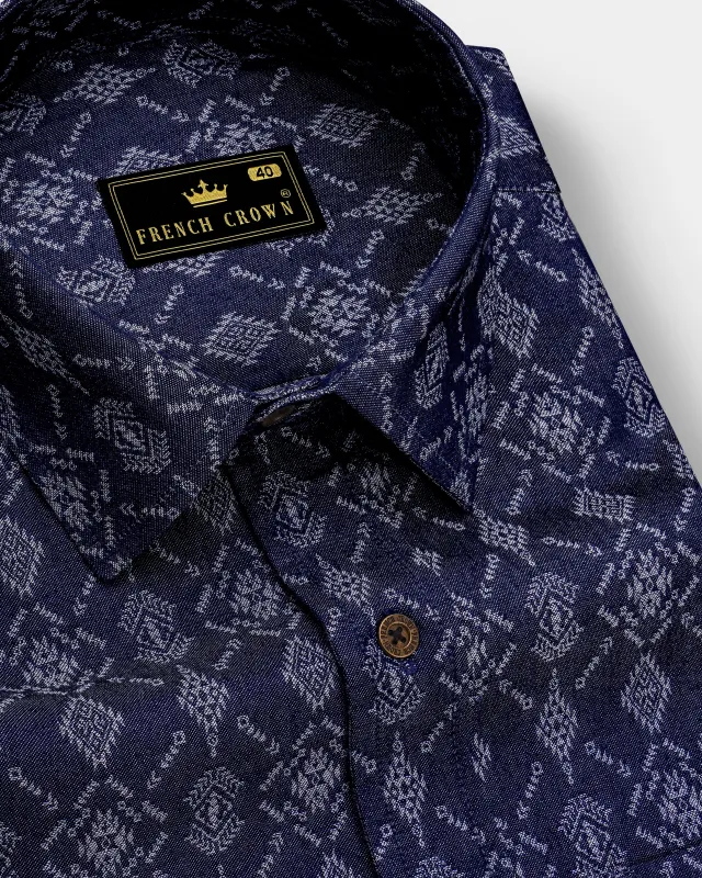 Bluikat-Haiti Denim Blue Ikat Print Super Soft Premium Cotton Casual Shirt sold by French Crown