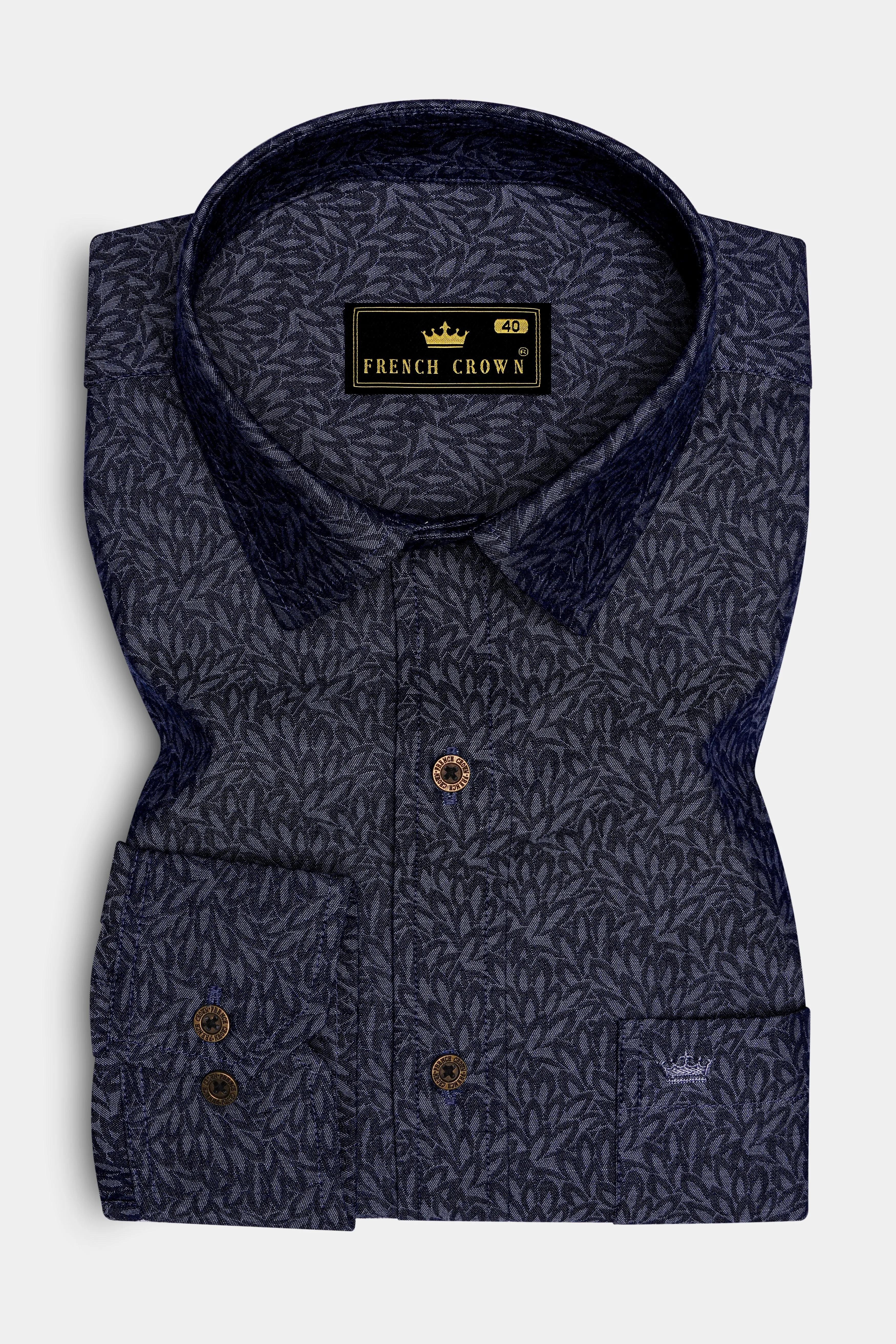 Cedivell-Bleached Cedar Denim Blue Leaf Print Super Soft Premium Cotton Casual Shirt sold by French Crown product image thumbnail 4