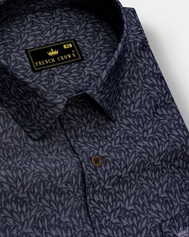 Cedivell-Bleached Cedar Denim Blue Leaf Print Super Soft Premium Cotton Casual Shirt sold by French Crown