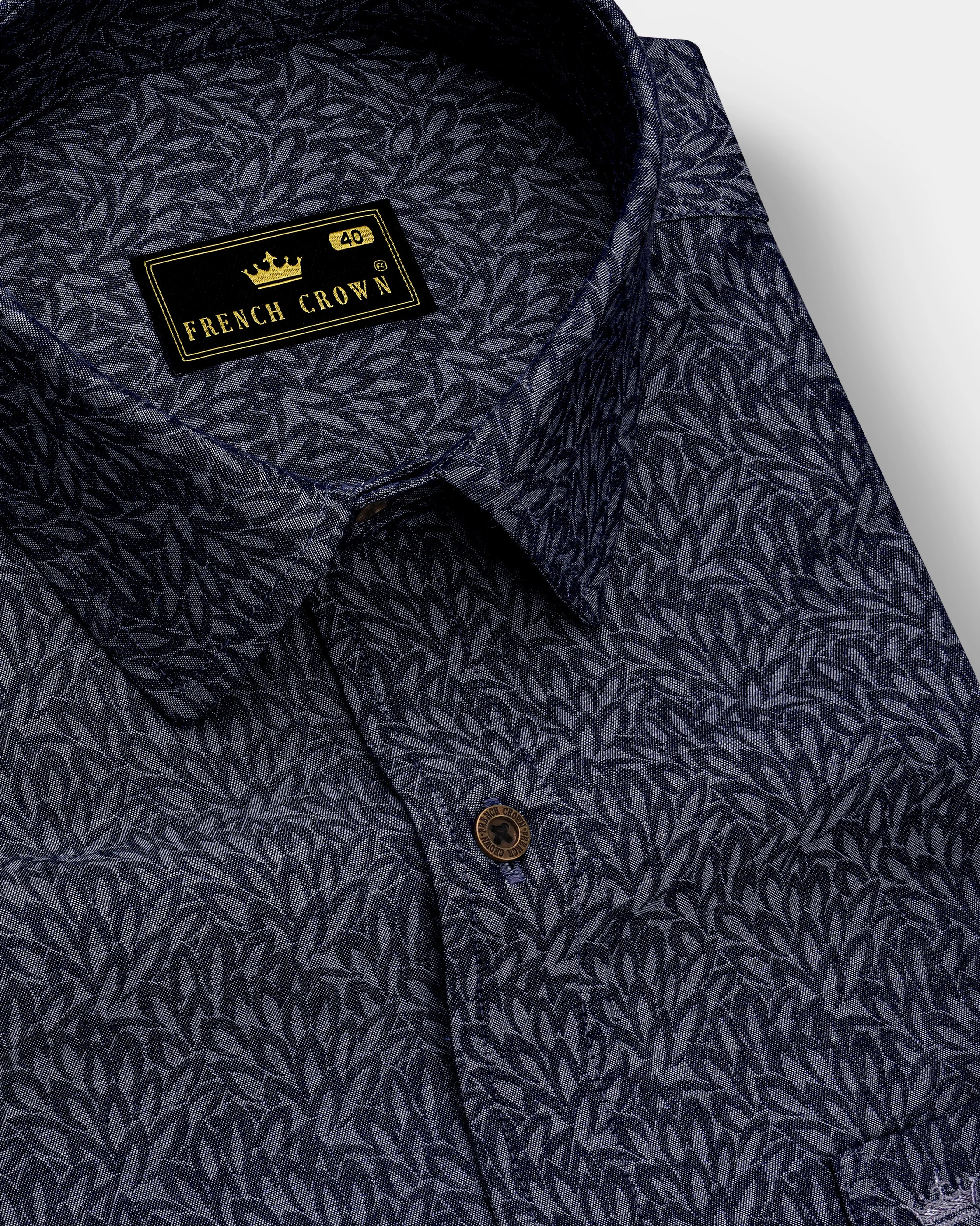 Cedivell-Bleached Cedar Denim Blue Leaf Print Super Soft Premium Cotton Casual Shirt sold by French Crown