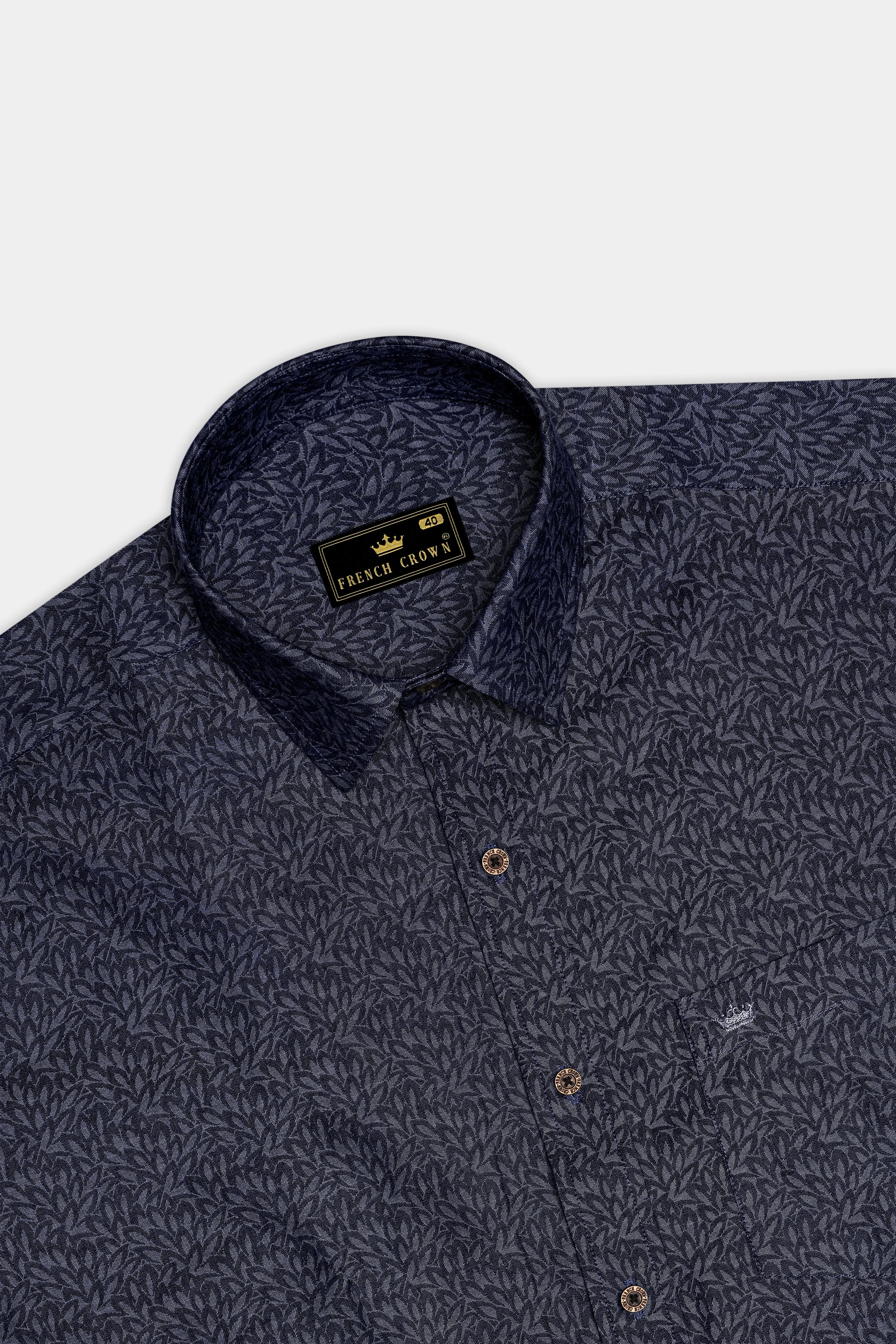 Cedivell-Bleached Cedar Denim Blue Leaf Print Super Soft Premium Cotton Casual Shirt sold by French Crown product image thumbnail 5