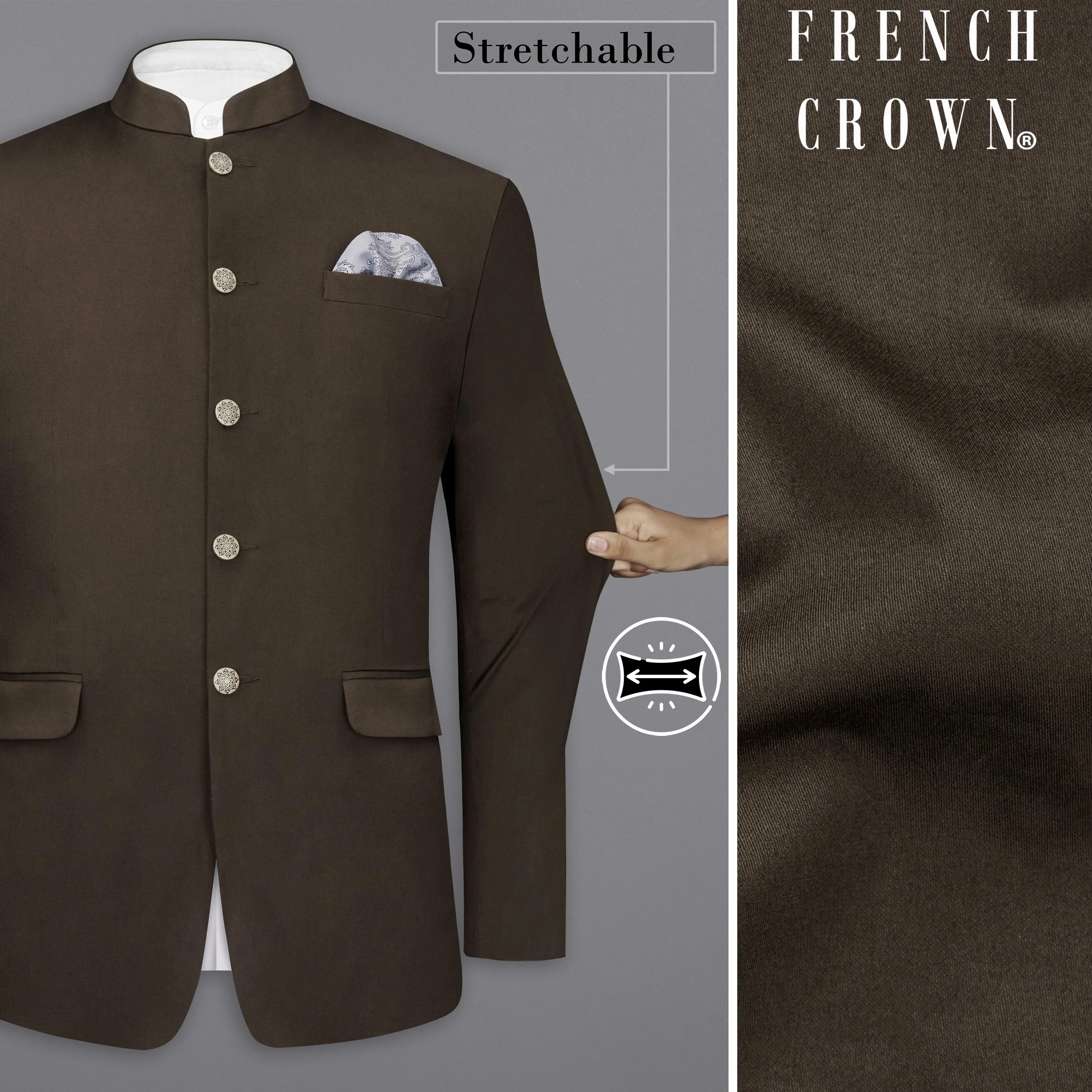 Walnut Brown Stretchable Premium Cotton Bandhgala traveler Blazer sold by French Crown