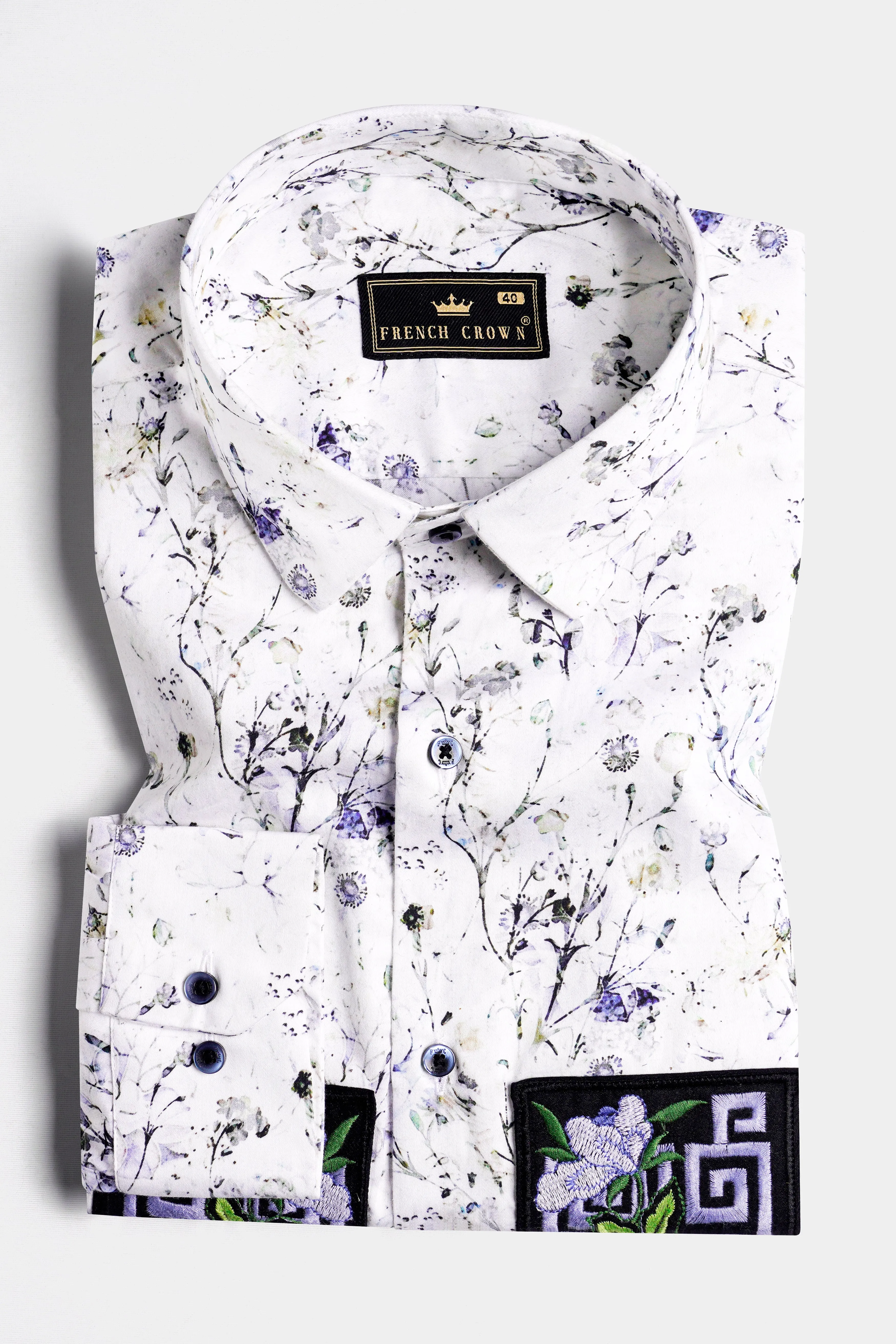 Bright White Multicolour Printed with Patchwork Super Soft Premium Cotton Designer Shirt sold by French Crown product image thumbnail 5